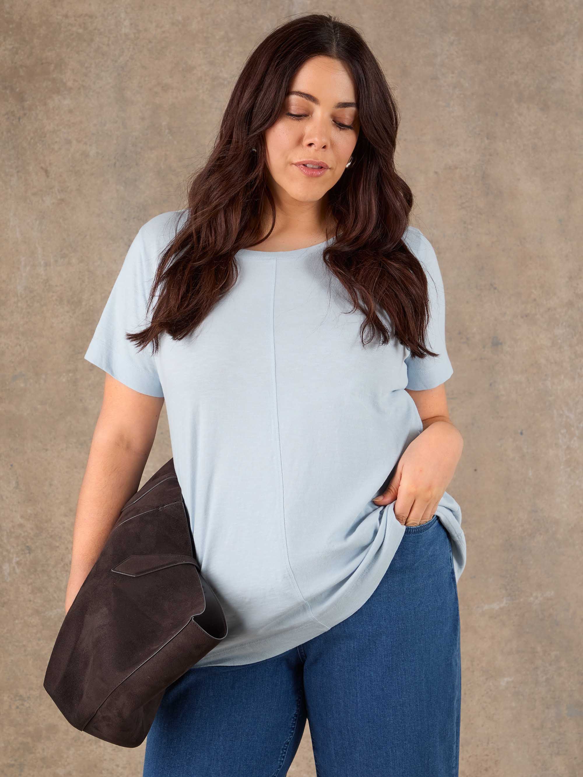 Pale Blue Cotton Slub Round Neck Seam Detail T-Shirt - Image 2