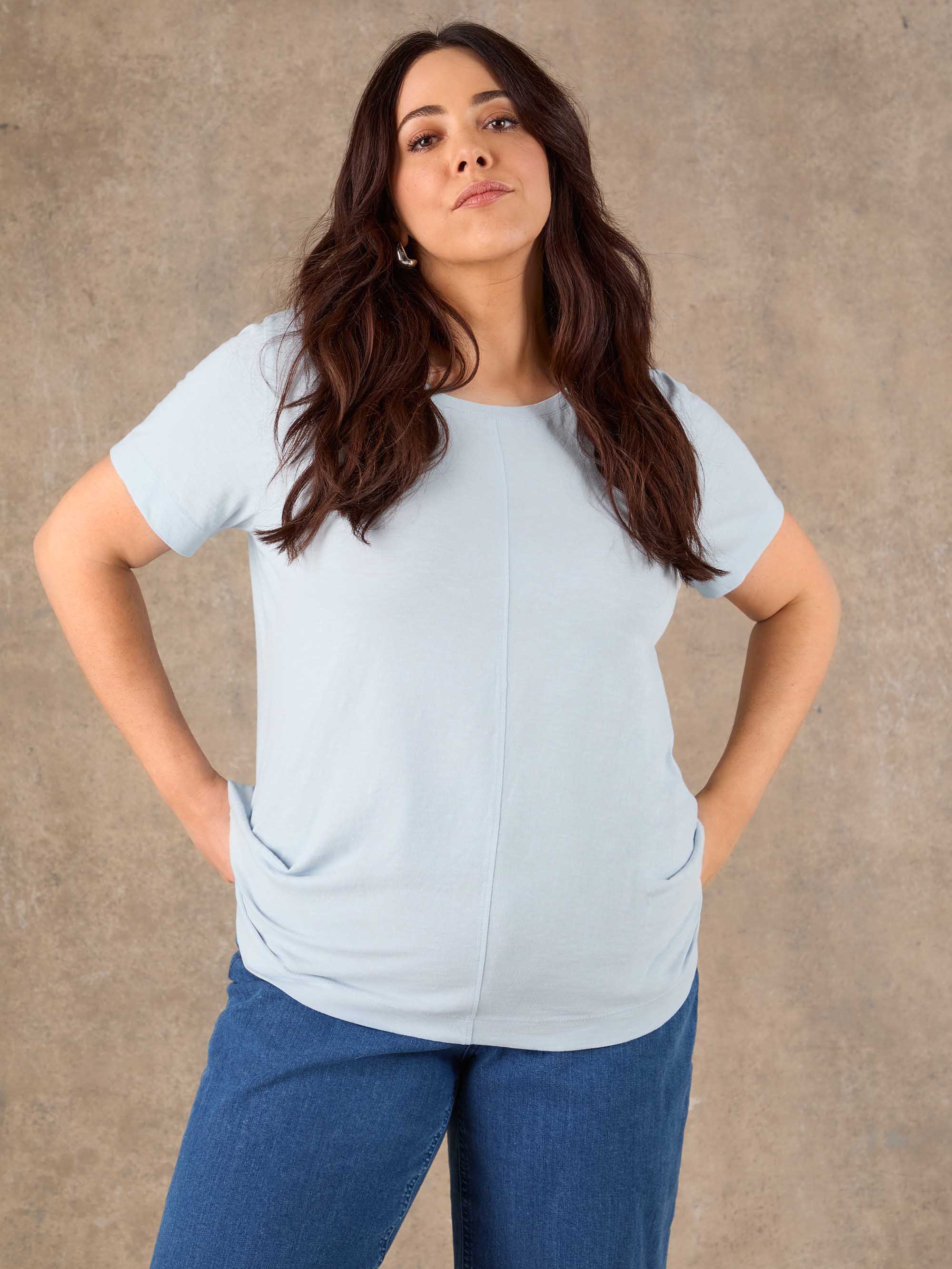 Pale Blue Cotton Slub Round Neck Seam Detail T-Shirt - Image 3