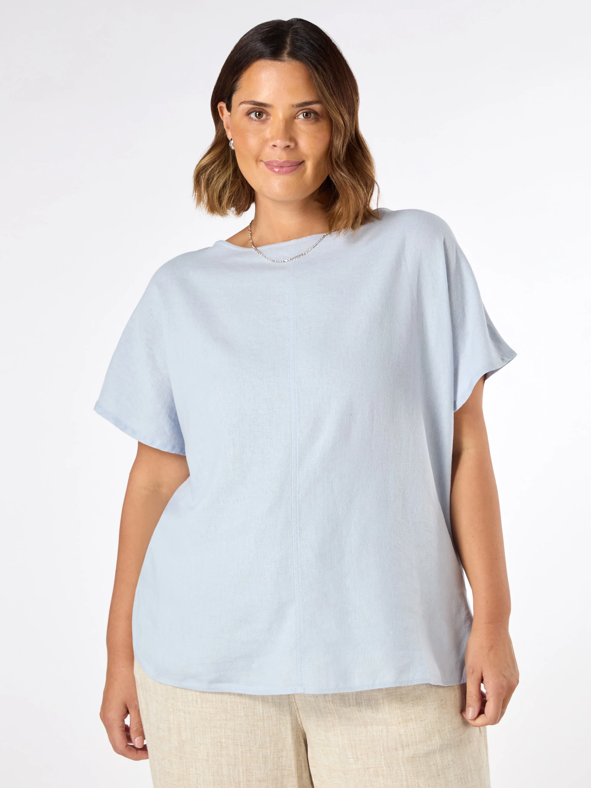 Pale Blue Linen Blend Seamed Detail Top - Image 3