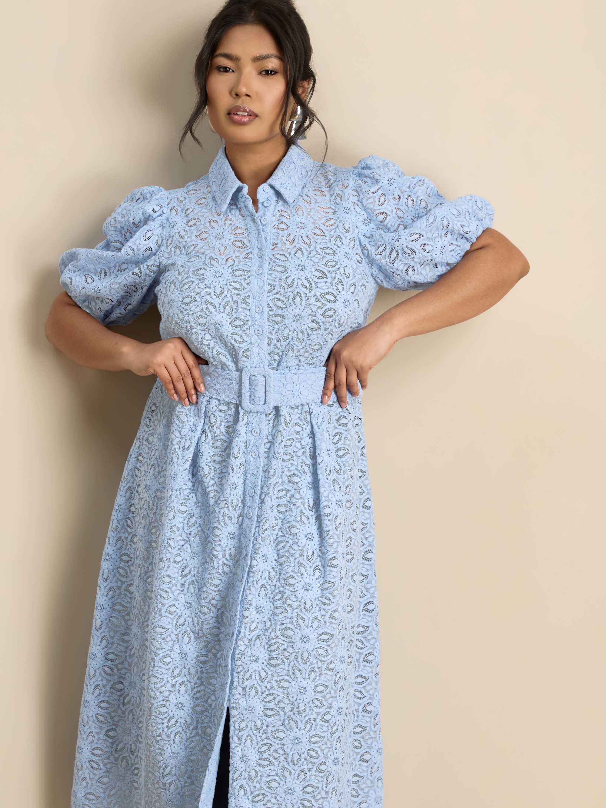 Pale Blue Puff Sleeve Button Through Belted Lace Dress - Image 3