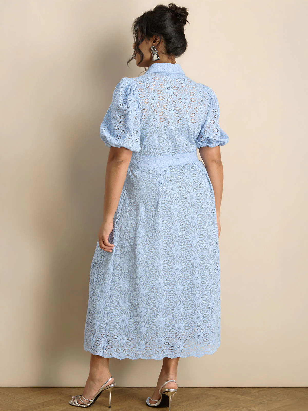 Pale Blue Puff Sleeve Button Through Belted Lace Dress - Image 4