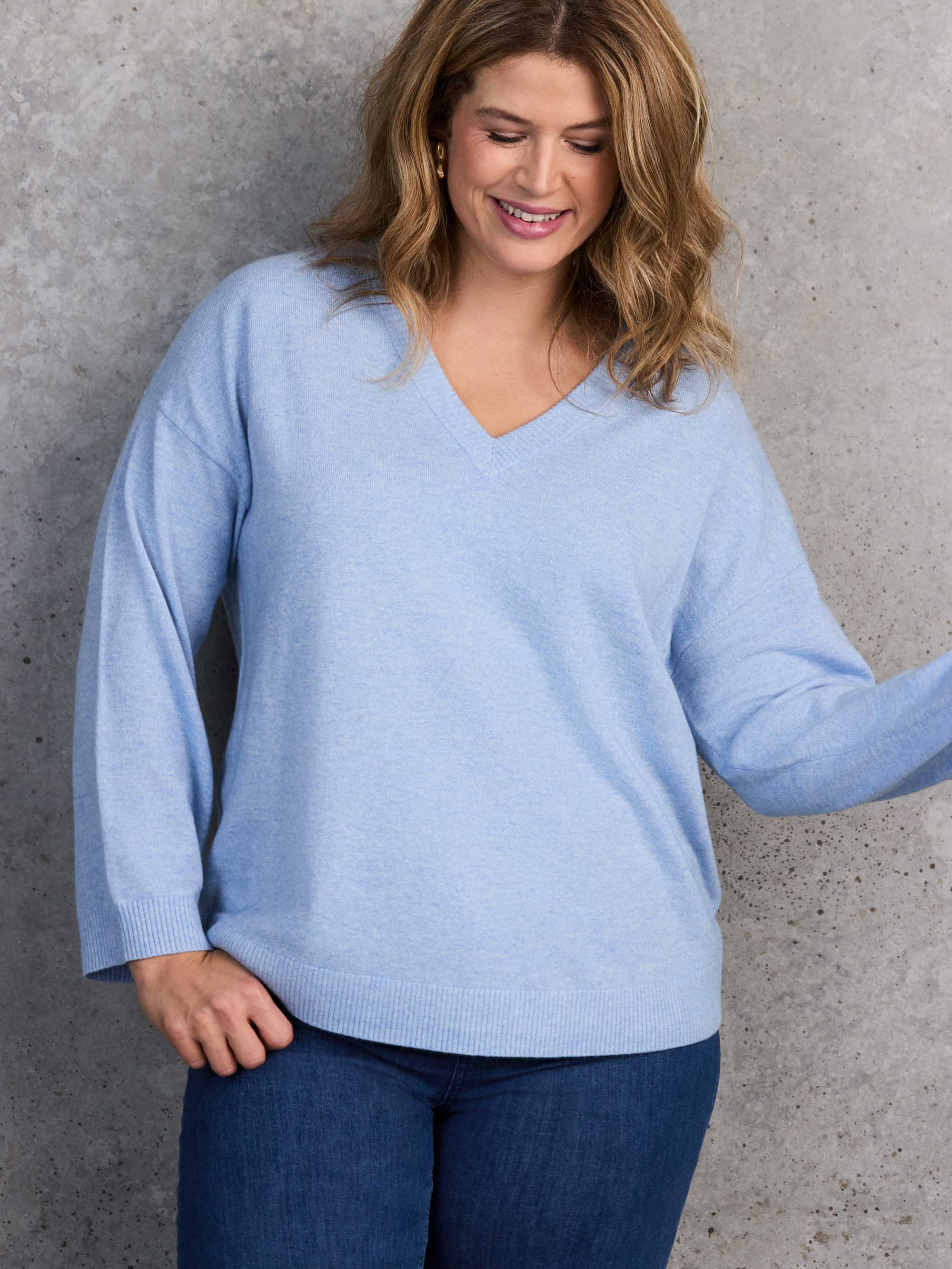 Pale Blue V Neck Knitted Jumper With Cashmere - Image 2