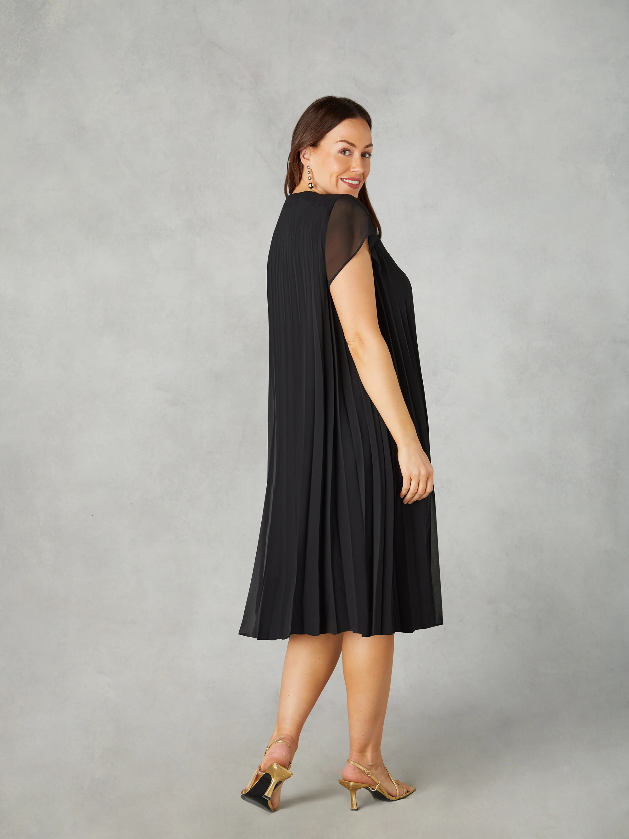 Petite Black Chiffon Pleated Midi Dress - Image 3