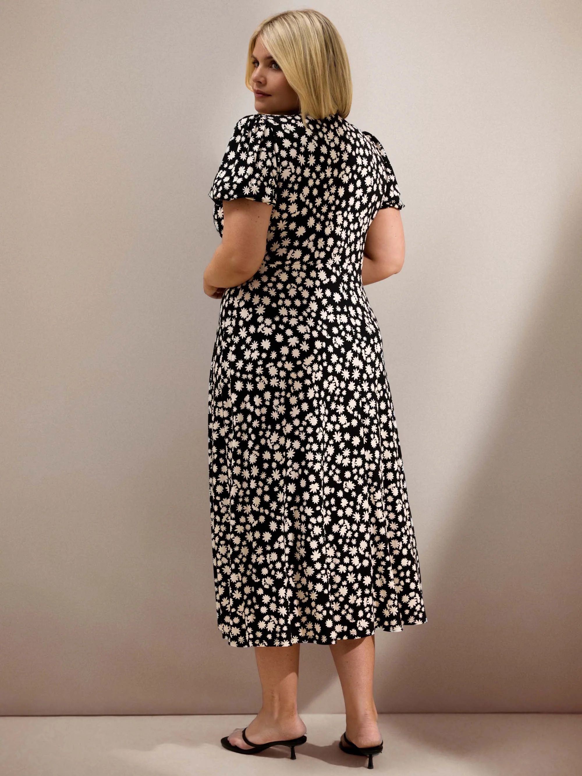 Black Ditsy Print Wrap Front Midi Dress with Short Sleeves - Image 3