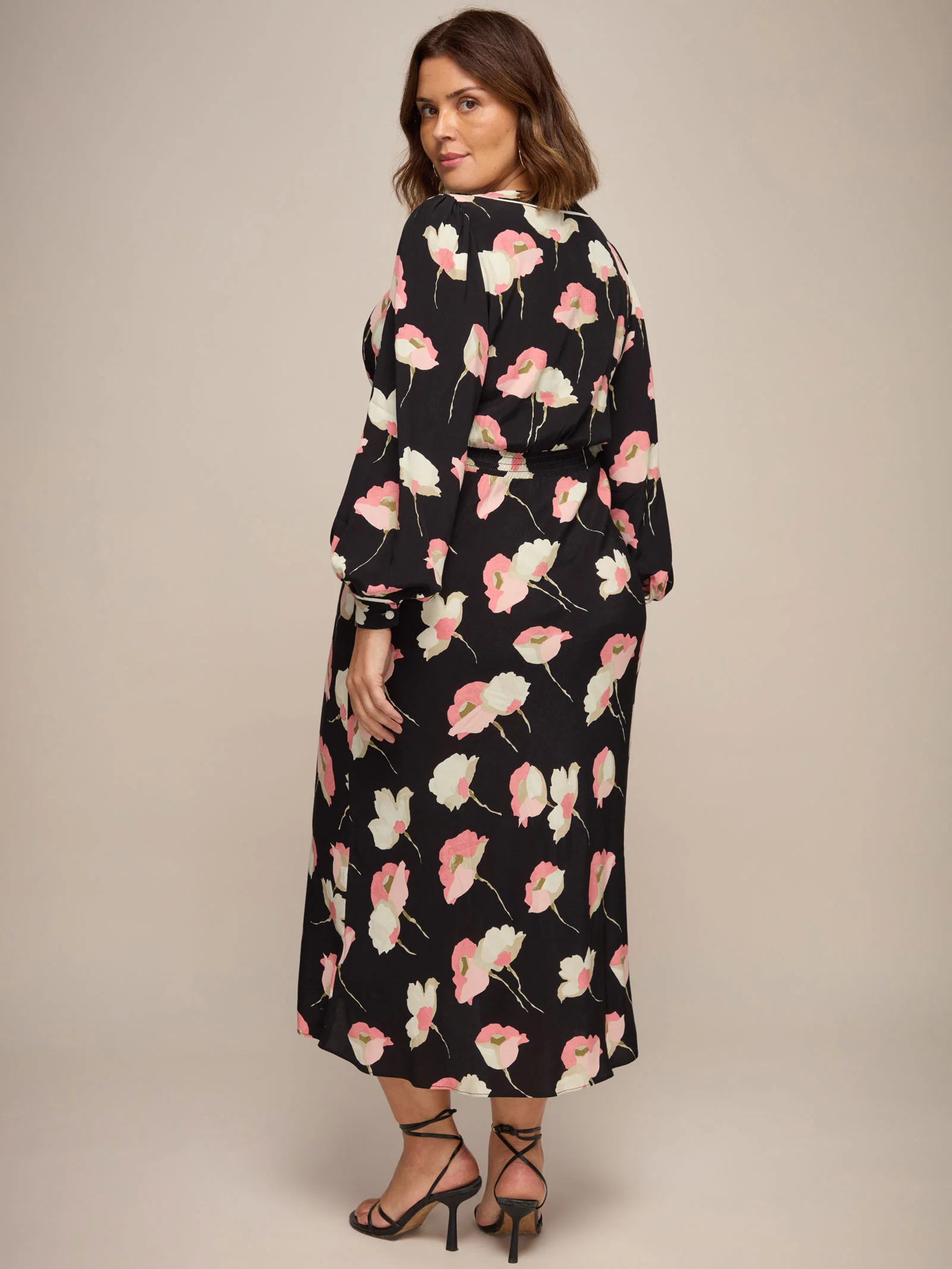 Black Floral Print Empire Midi Dress With Piping Detail - Image 4