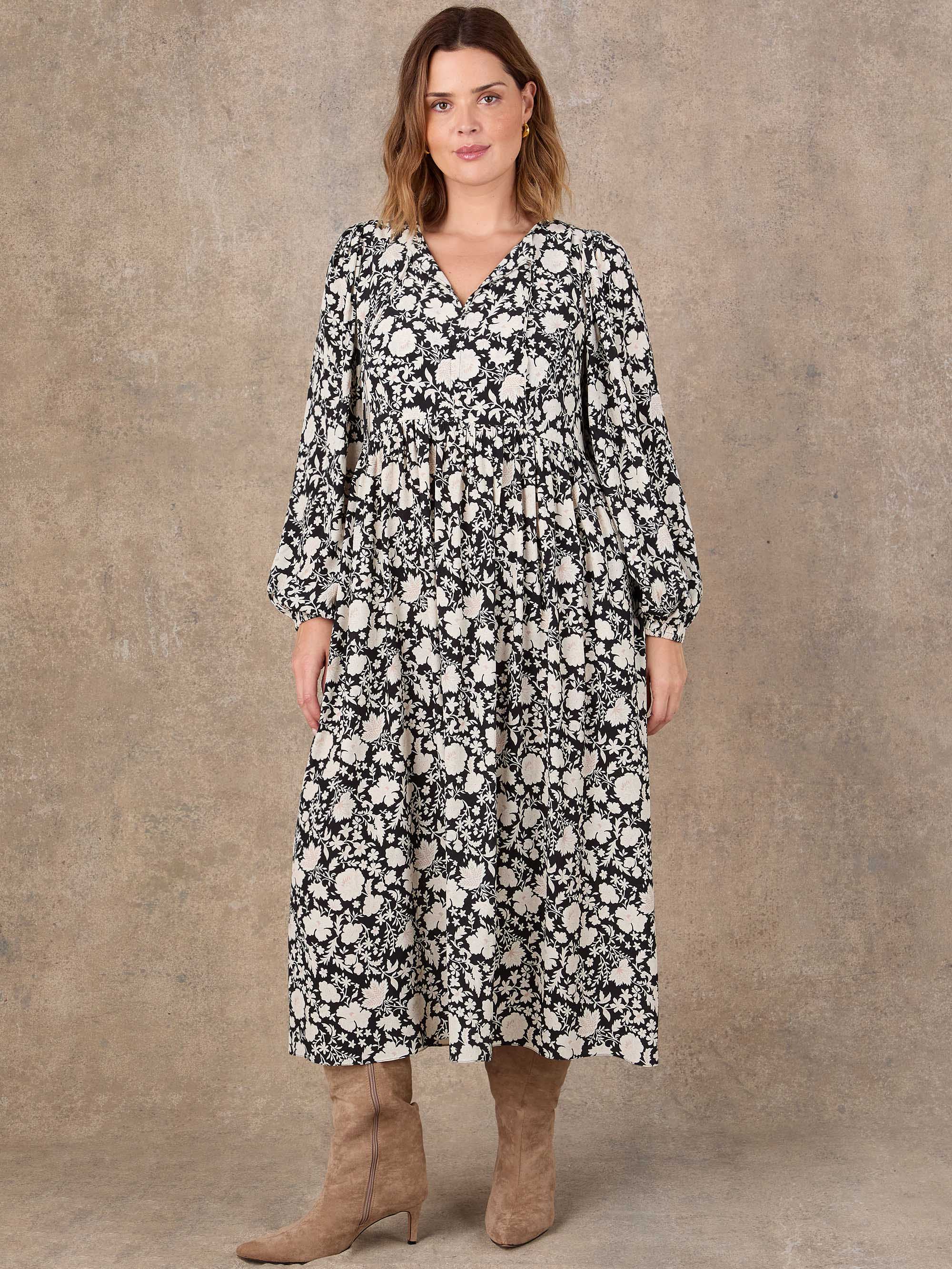 Petite Black Floral Print Tie Neck Midaxi Dress - Image 2