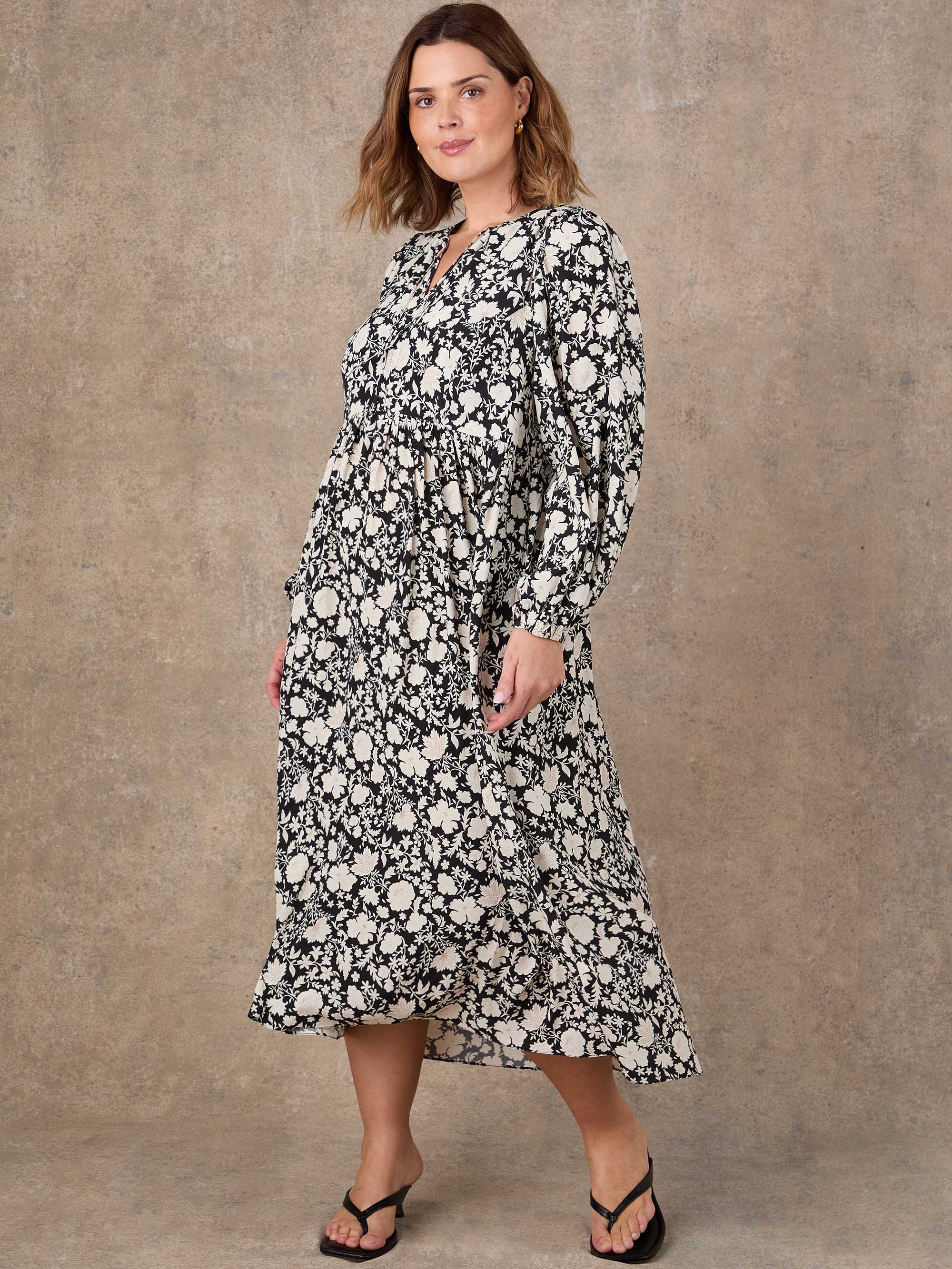 Petite Black Floral Print Tie Neck Midaxi Dress - Image 3
