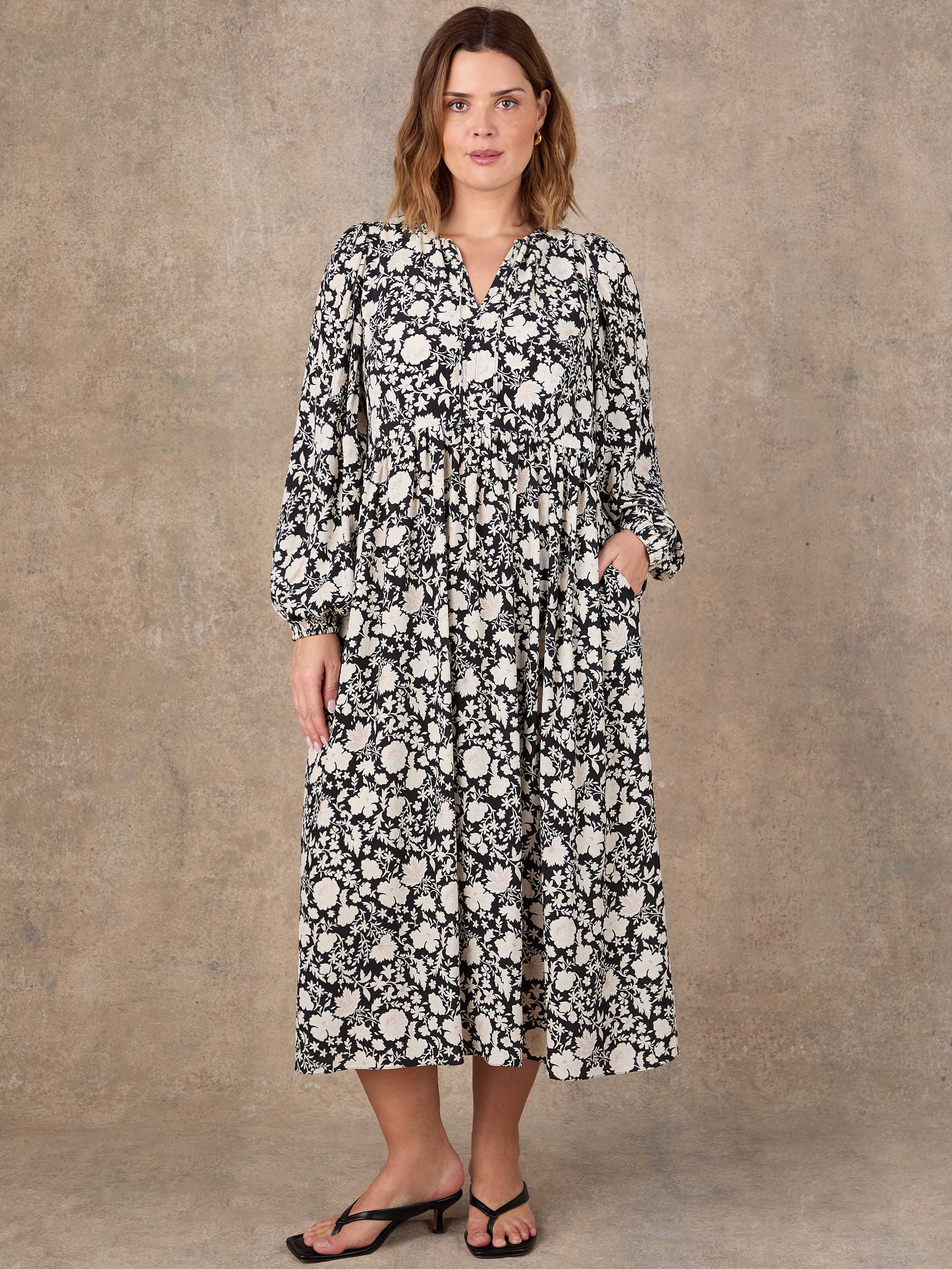Petite Black Floral Print Tie Neck Midaxi Dress - Image 4