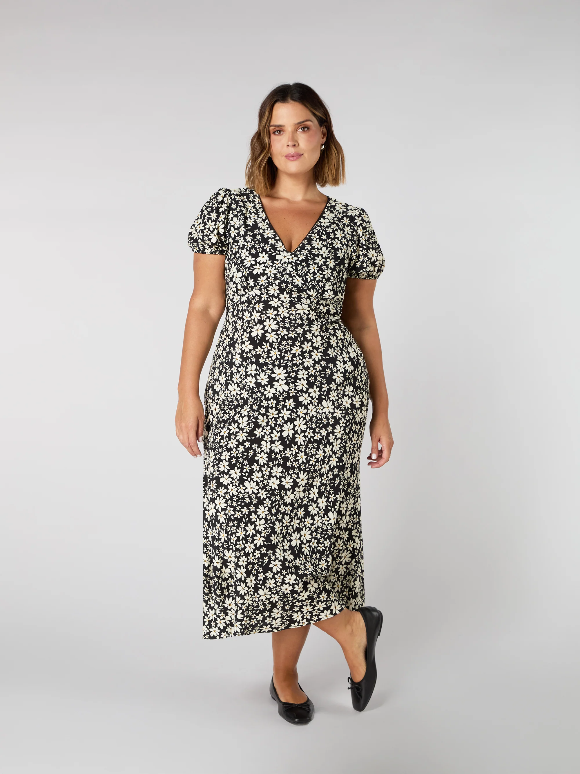 Black Floral Puff Sleeve Midi Dress - Image 5