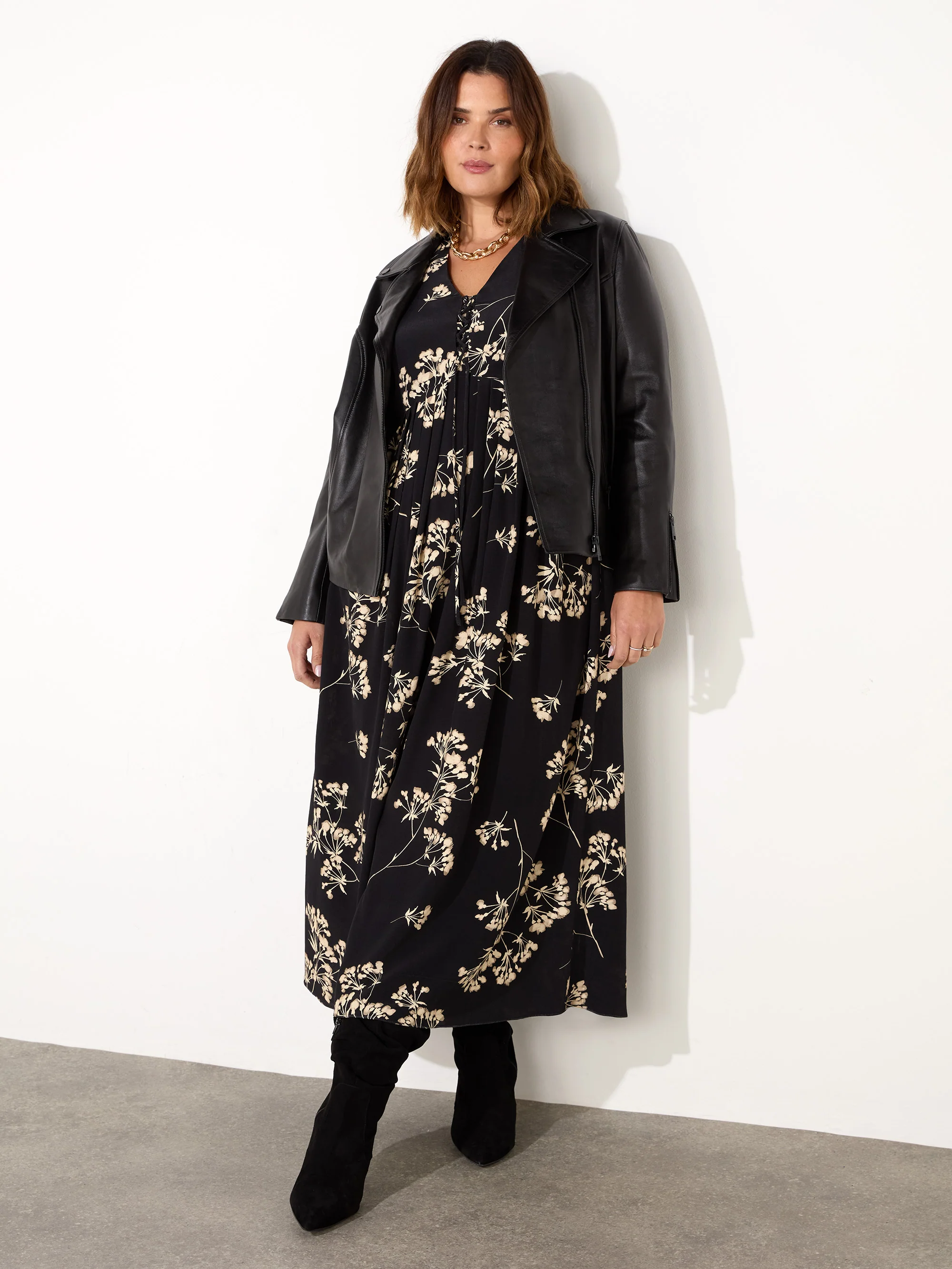 Petite Black Floral Tie Front Midi Dress - Image 2