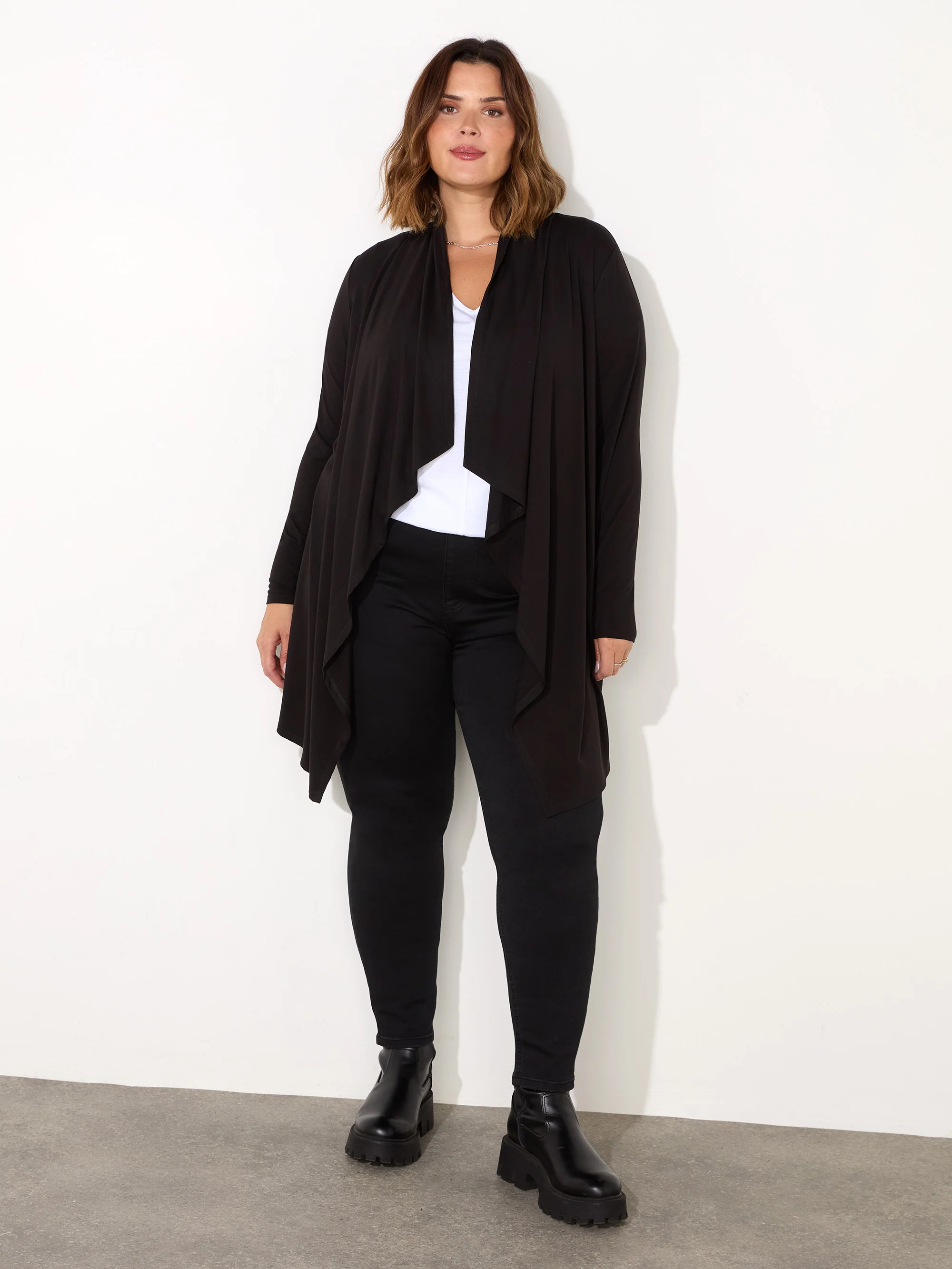 Petite Black Jersey Longline Waterfall Cardigan - Image 2