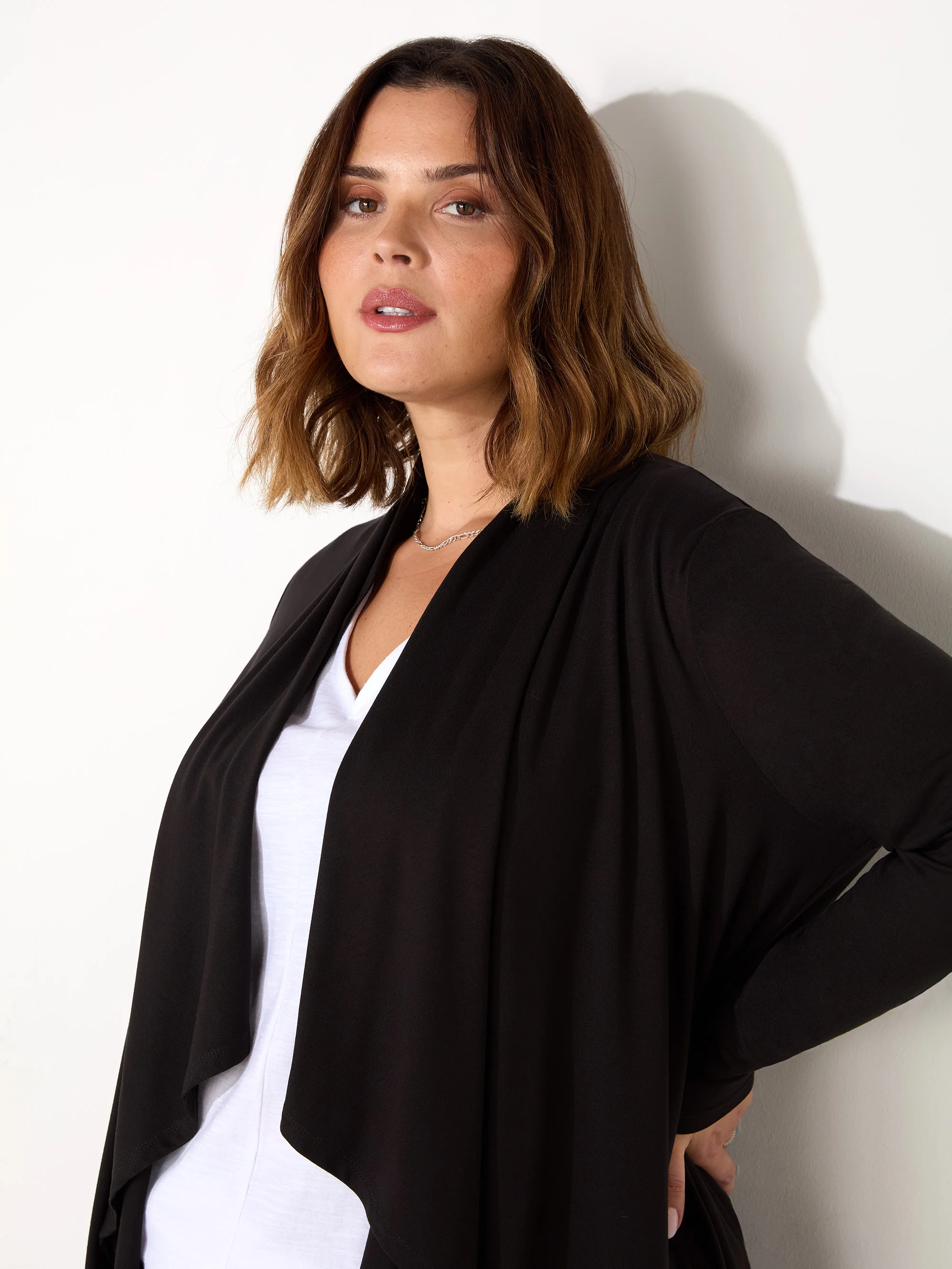 Petite Black Jersey Longline Waterfall Cardigan - Image 3