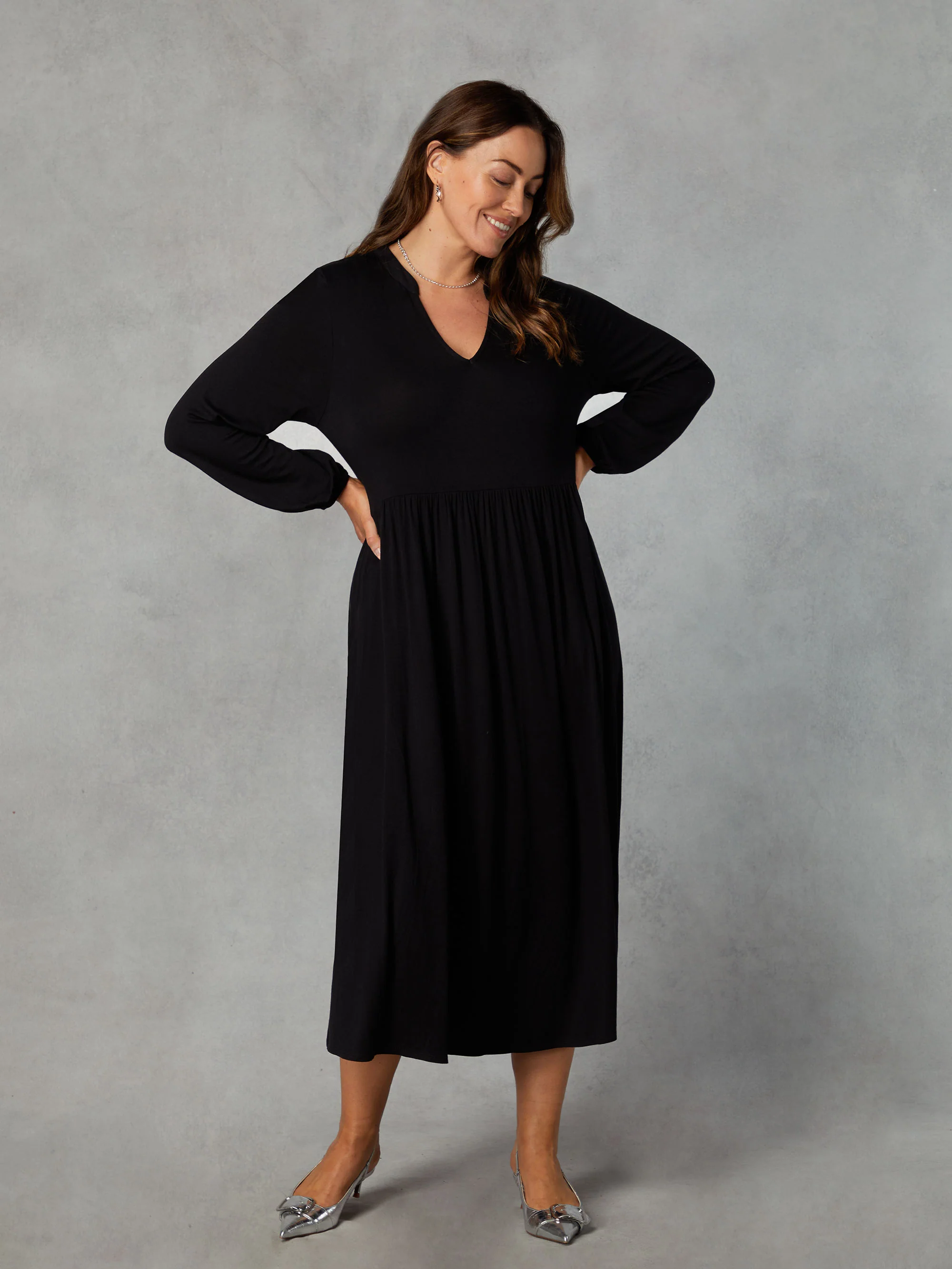Petite Black Jersey Nehru Collar Relaxed Dress - Image 2