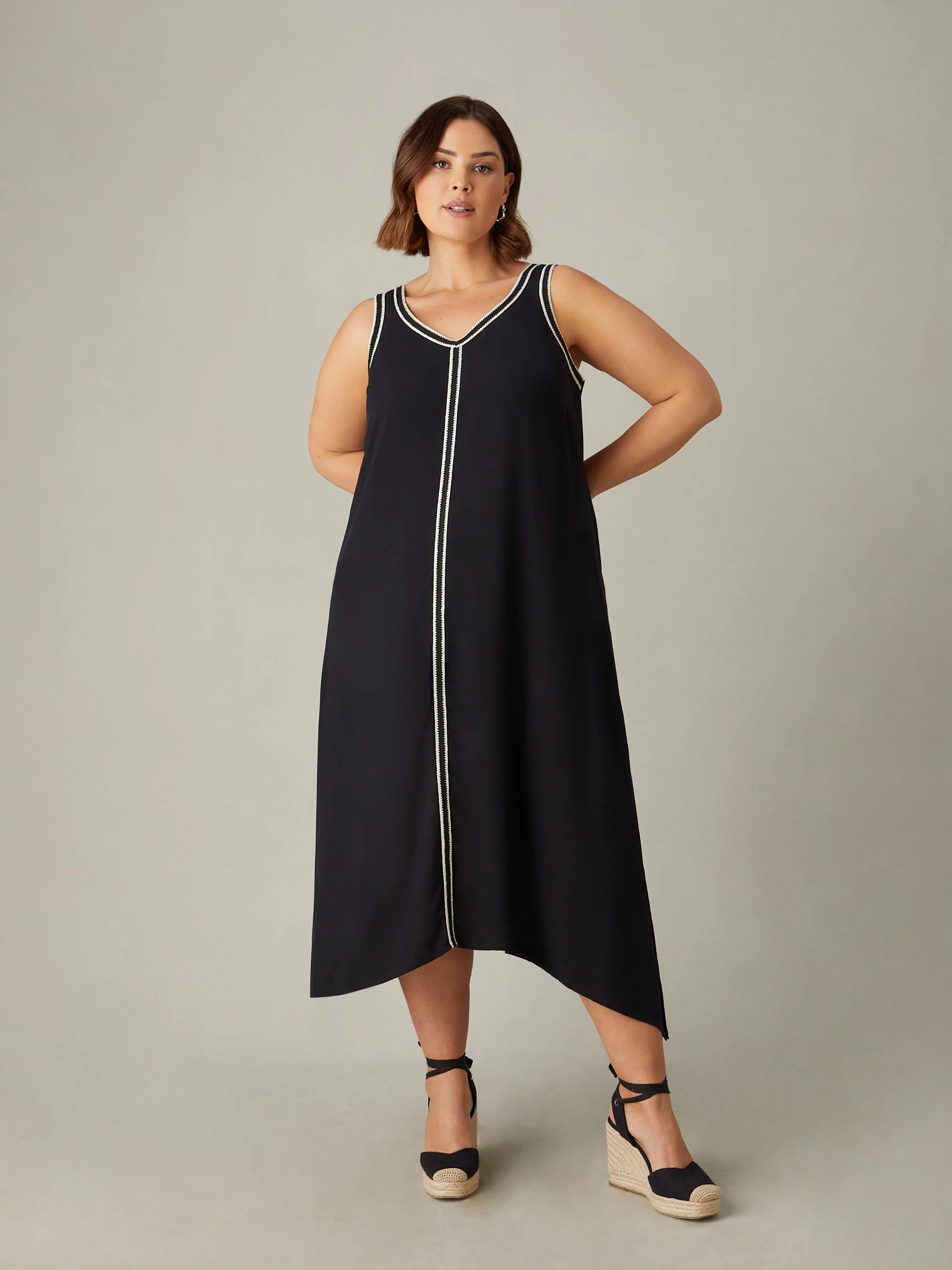 Petite Black Knit Trim Hanky Hem Dress - Image 4