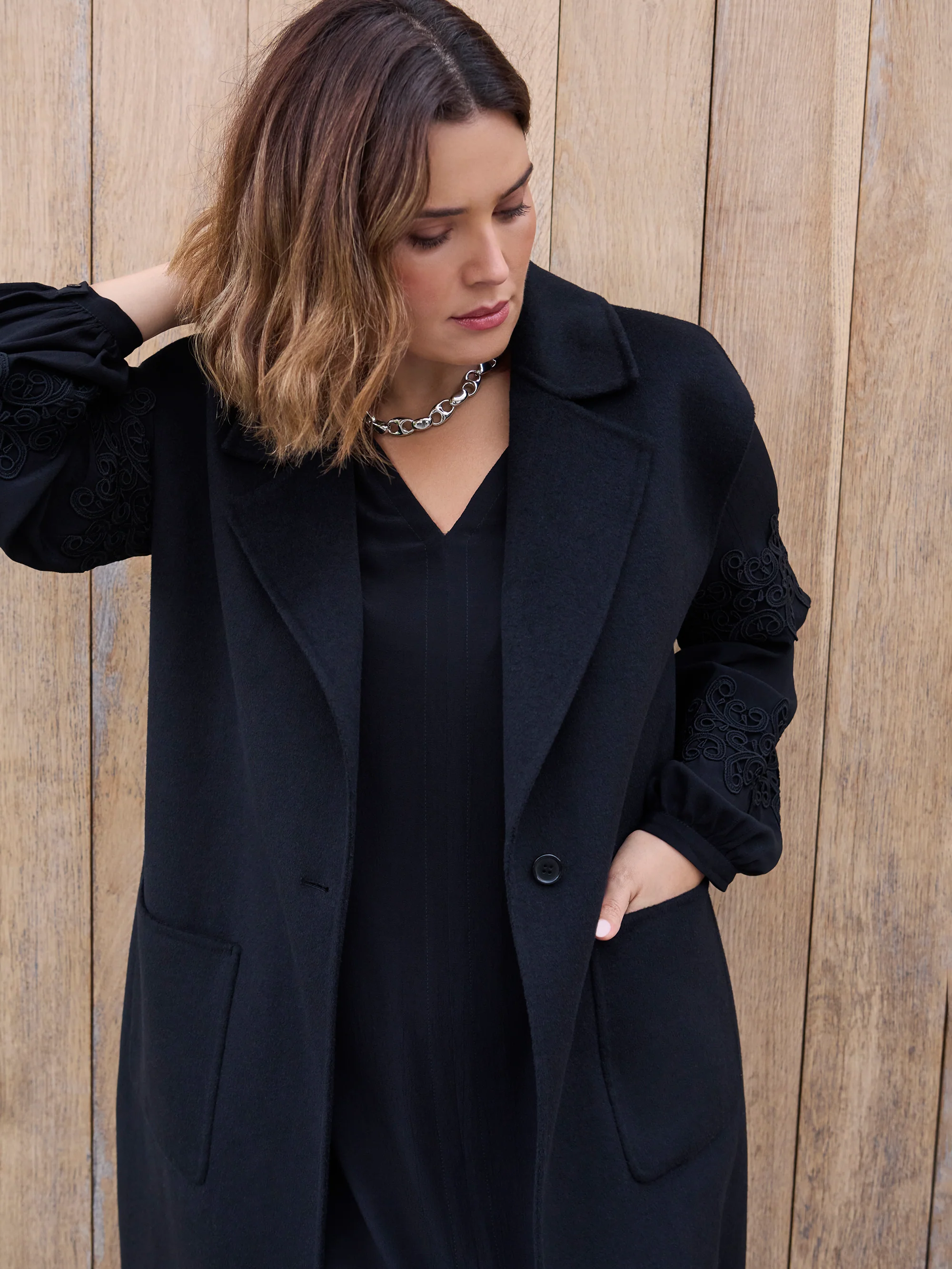 Petite Black Lace Detail Long Sleeve Dress - Image 2