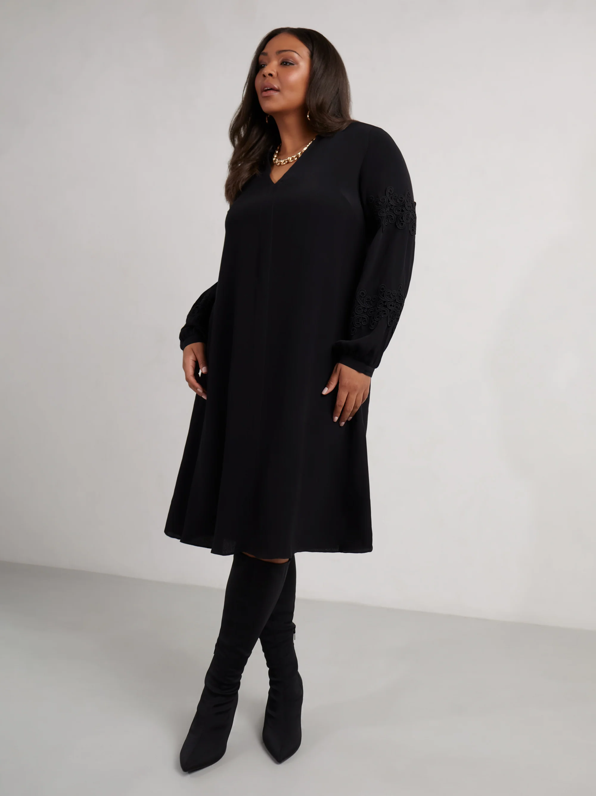Petite Black Lace Detail Long Sleeve Dress - Image 4