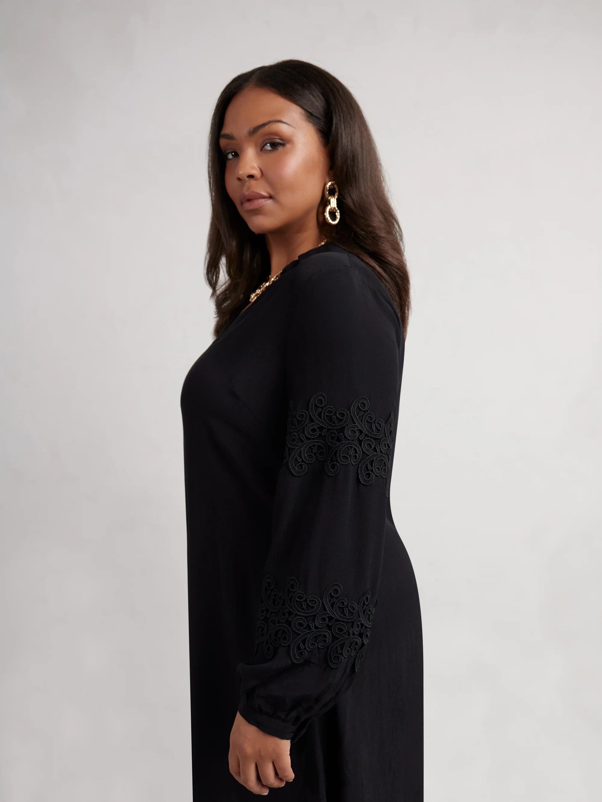 Petite Black Lace Detail Long Sleeve Dress - Image 6