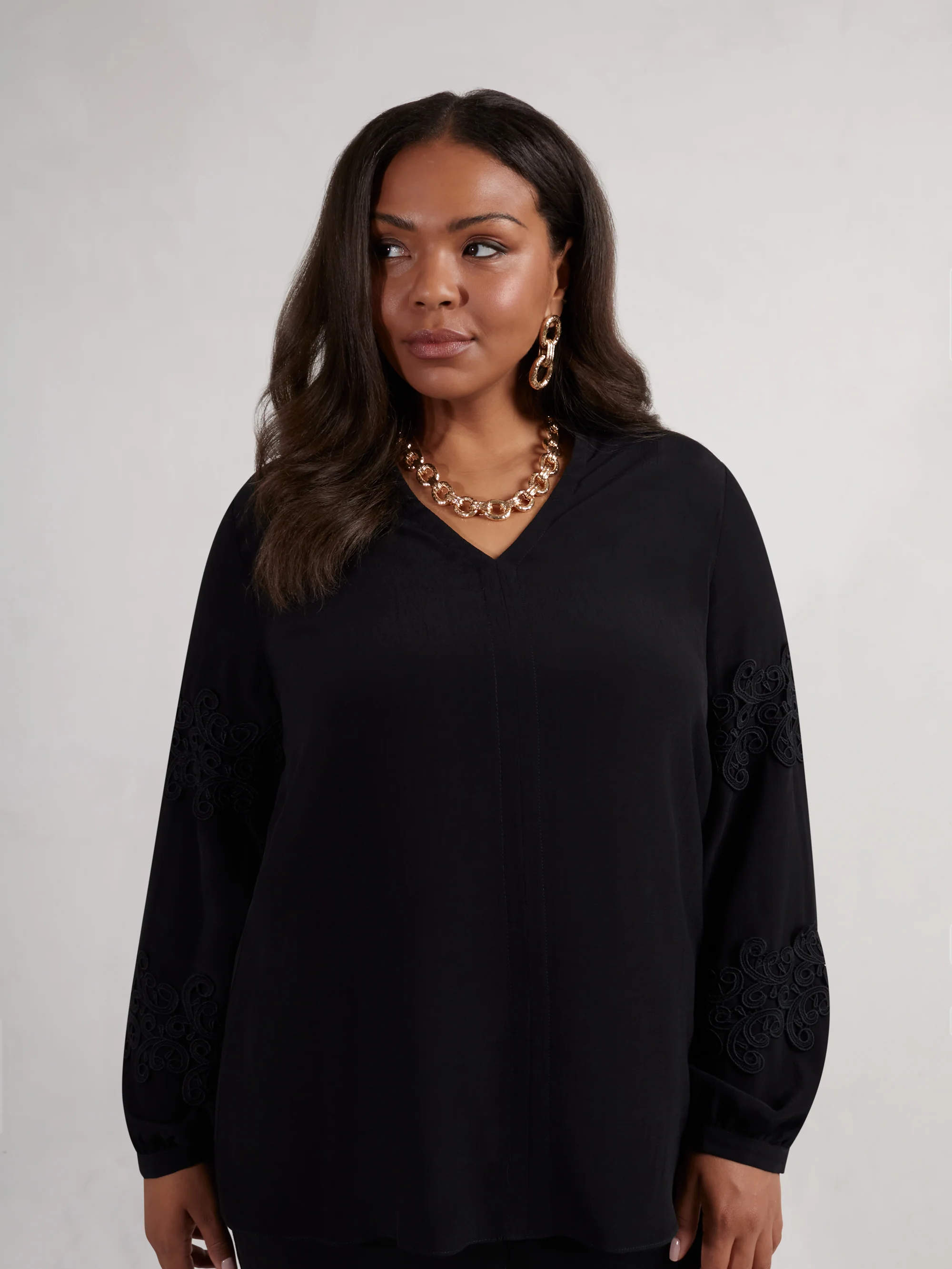Petite Black Lace Detail Long Sleeve Top - Image 2
