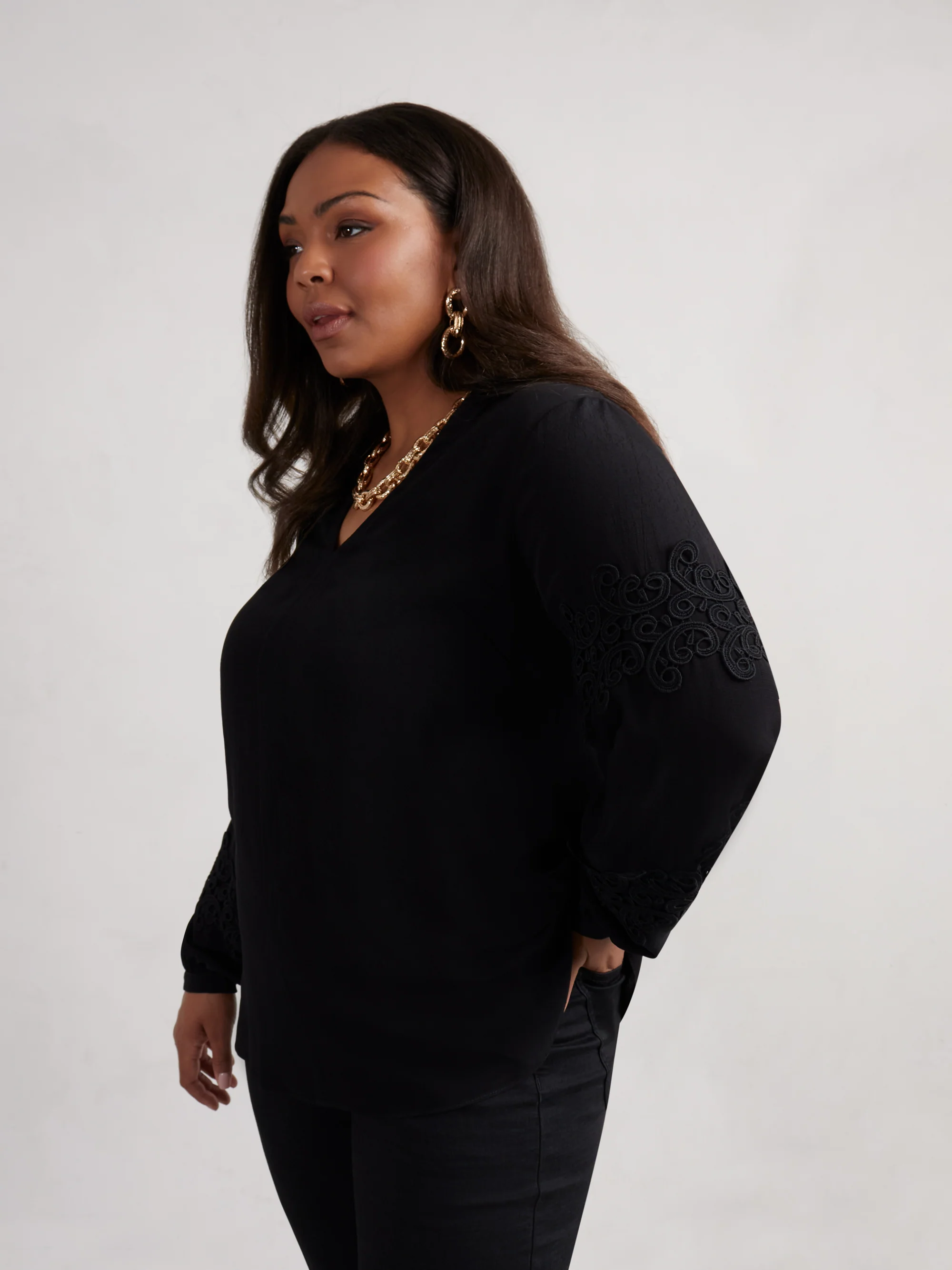 Petite Black Lace Detail Long Sleeve Top - Image 3