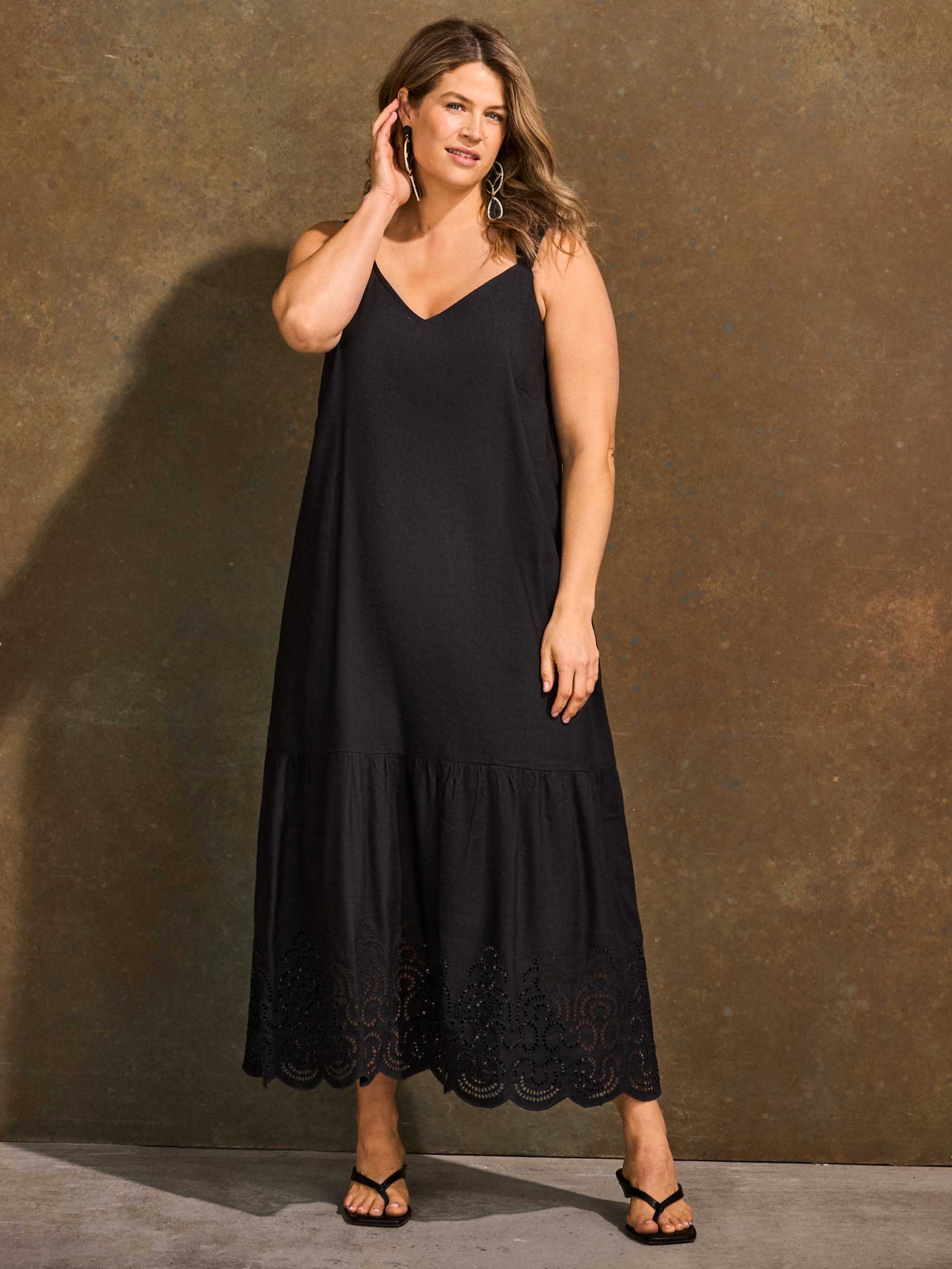 Petite Black Linen Blend Broderie Maxi Dress - Image 2