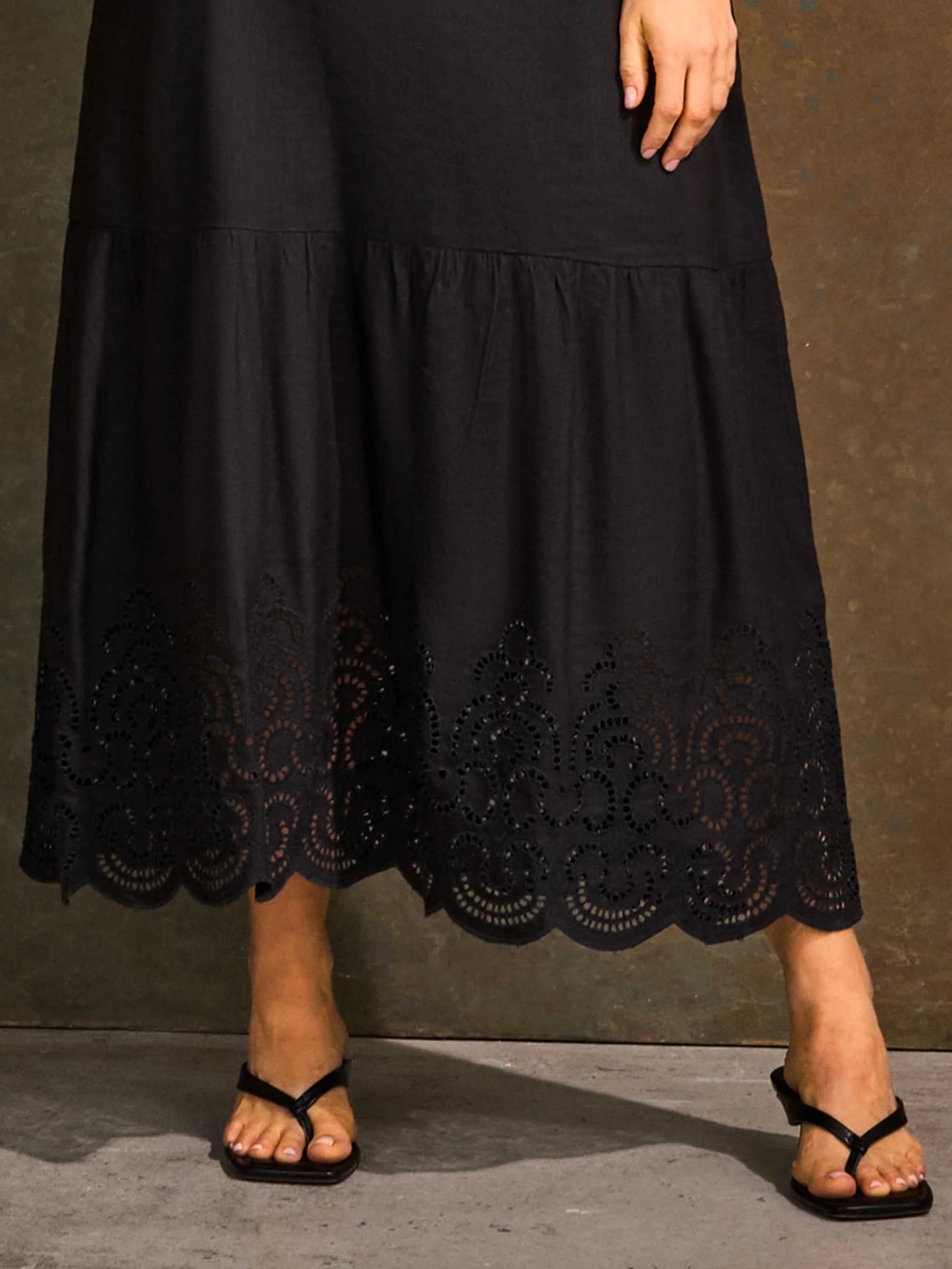 Black Linen Blend Broderie Maxi Dress - Image 4