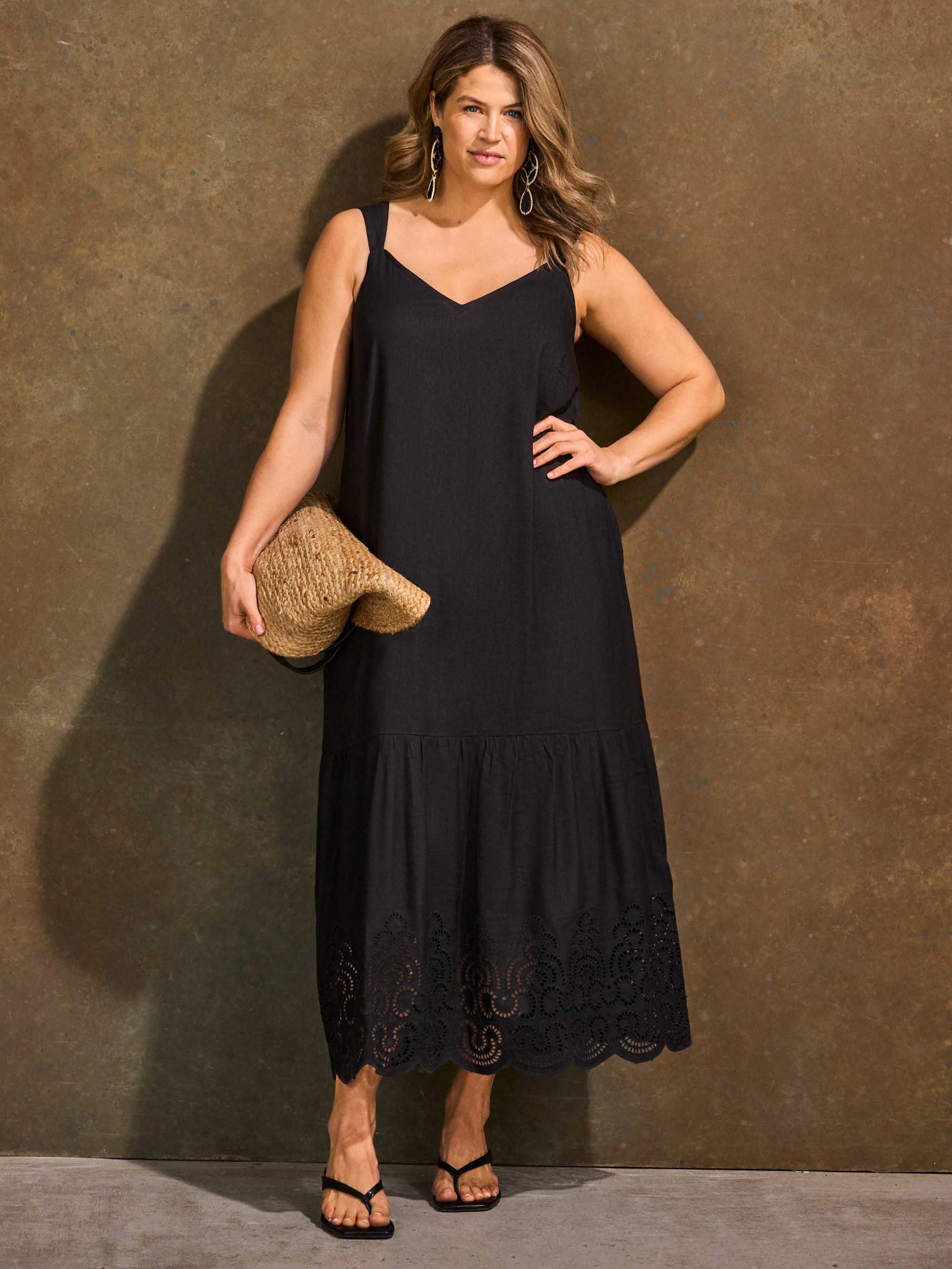 Petite Black Linen Blend Broderie Maxi Dress - Image 6