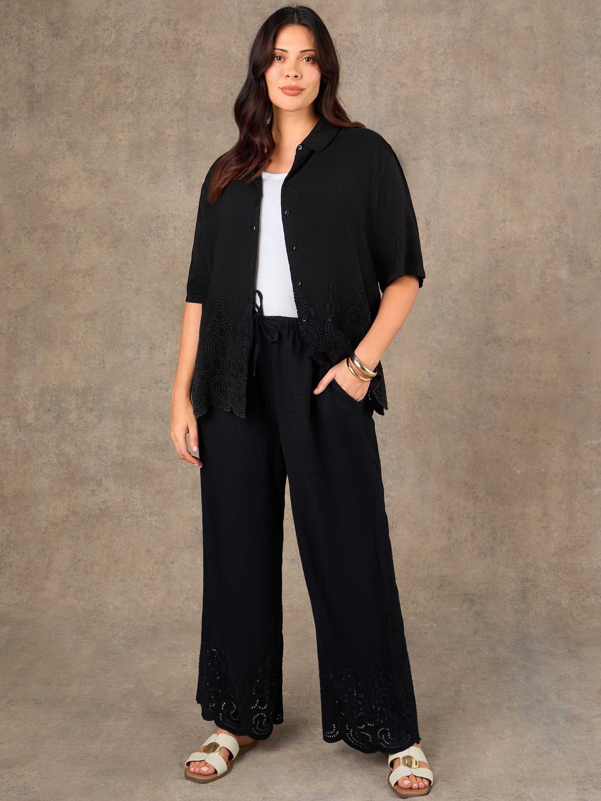 Black Linen Blend Broderie Trouser - Image 3
