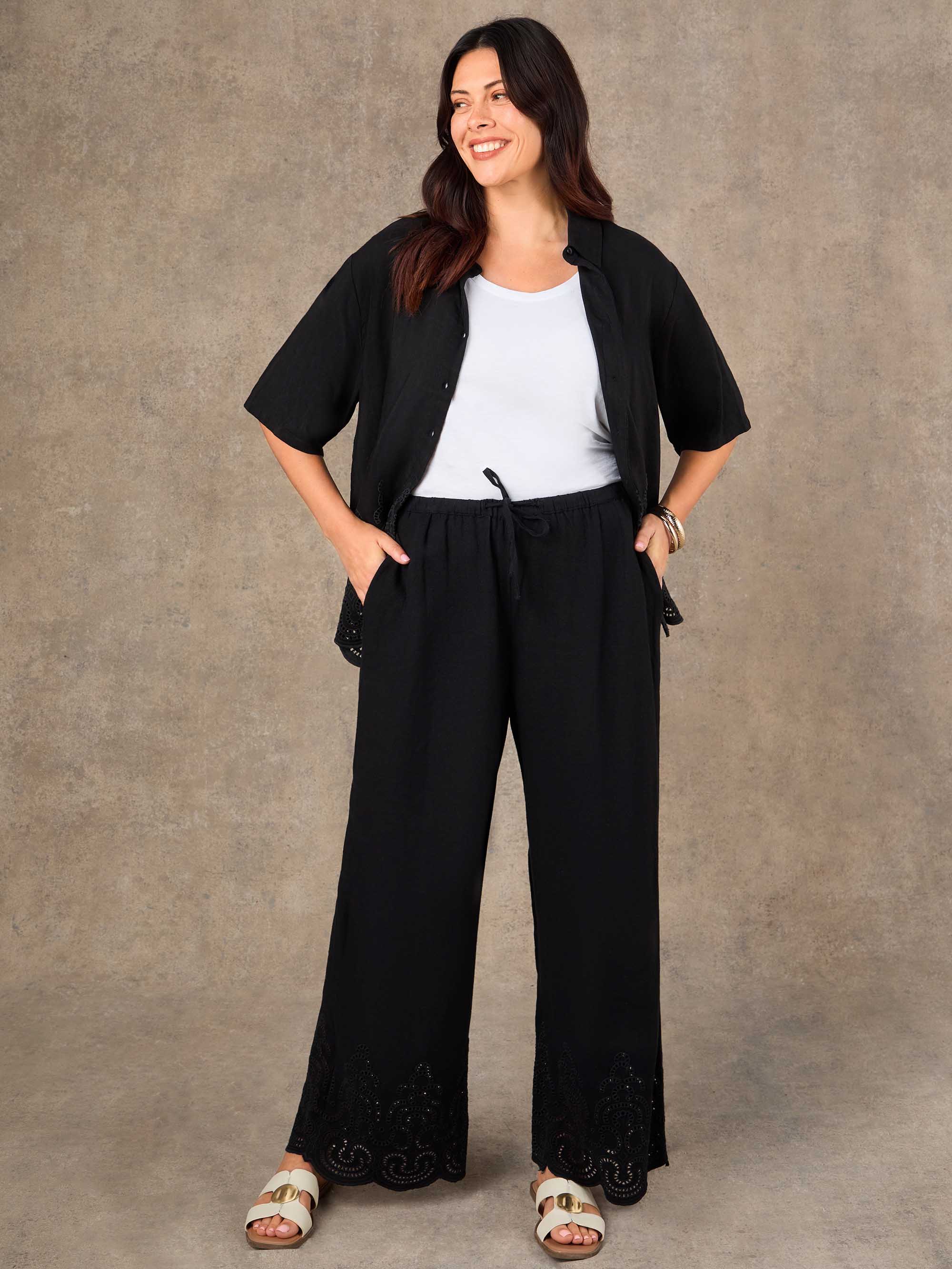 Black Linen Blend Broderie Trouser - Image 2