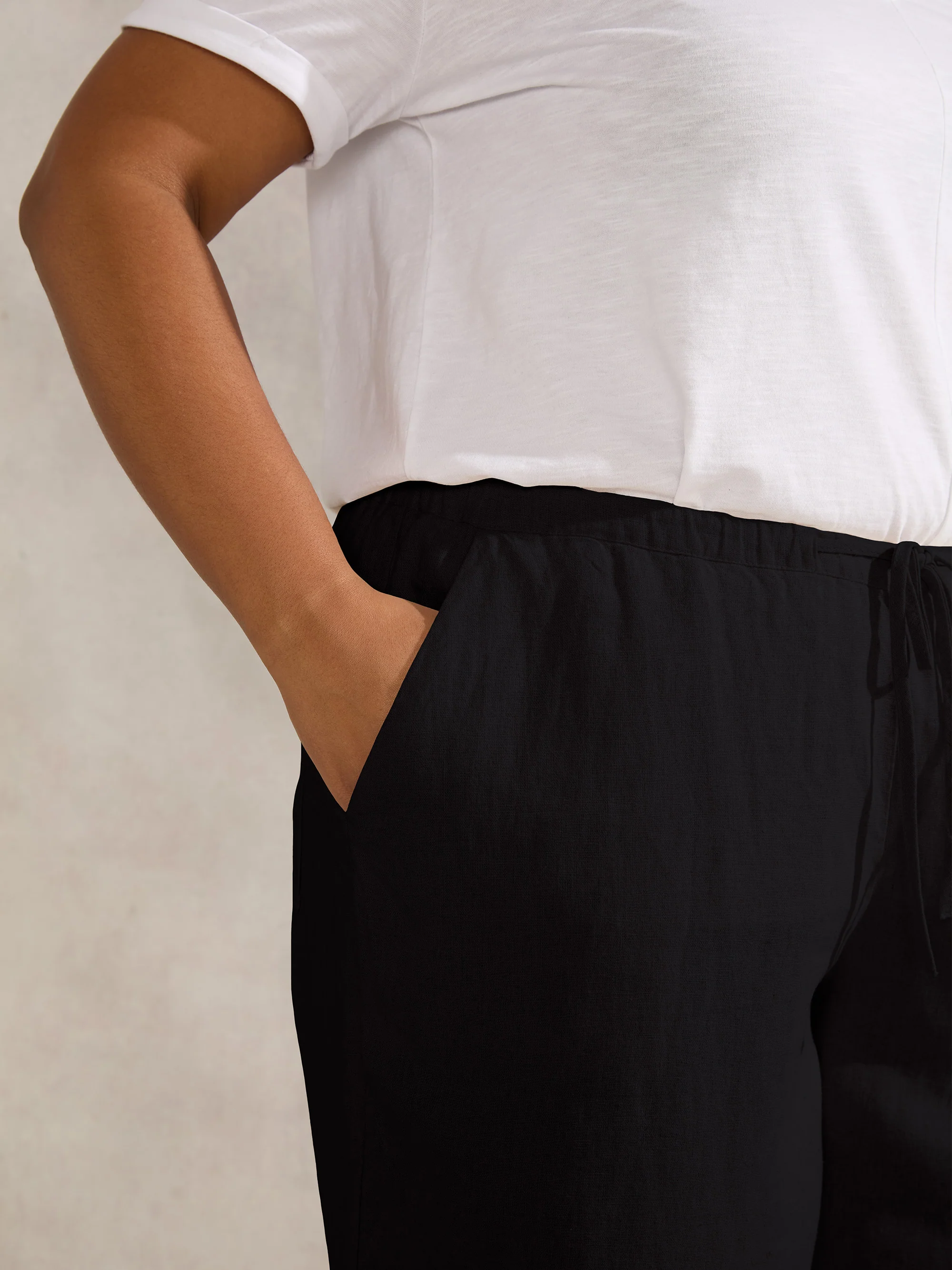 Petite Black Linen Blend Full Length Drawstring Trouser - Image 2