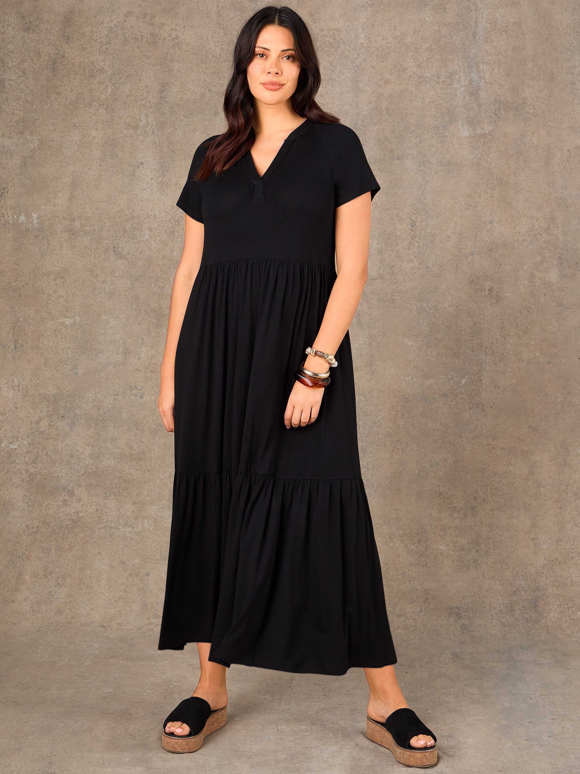 Petite Black Nehru Collar Tiered Maxi Dress - Image 3