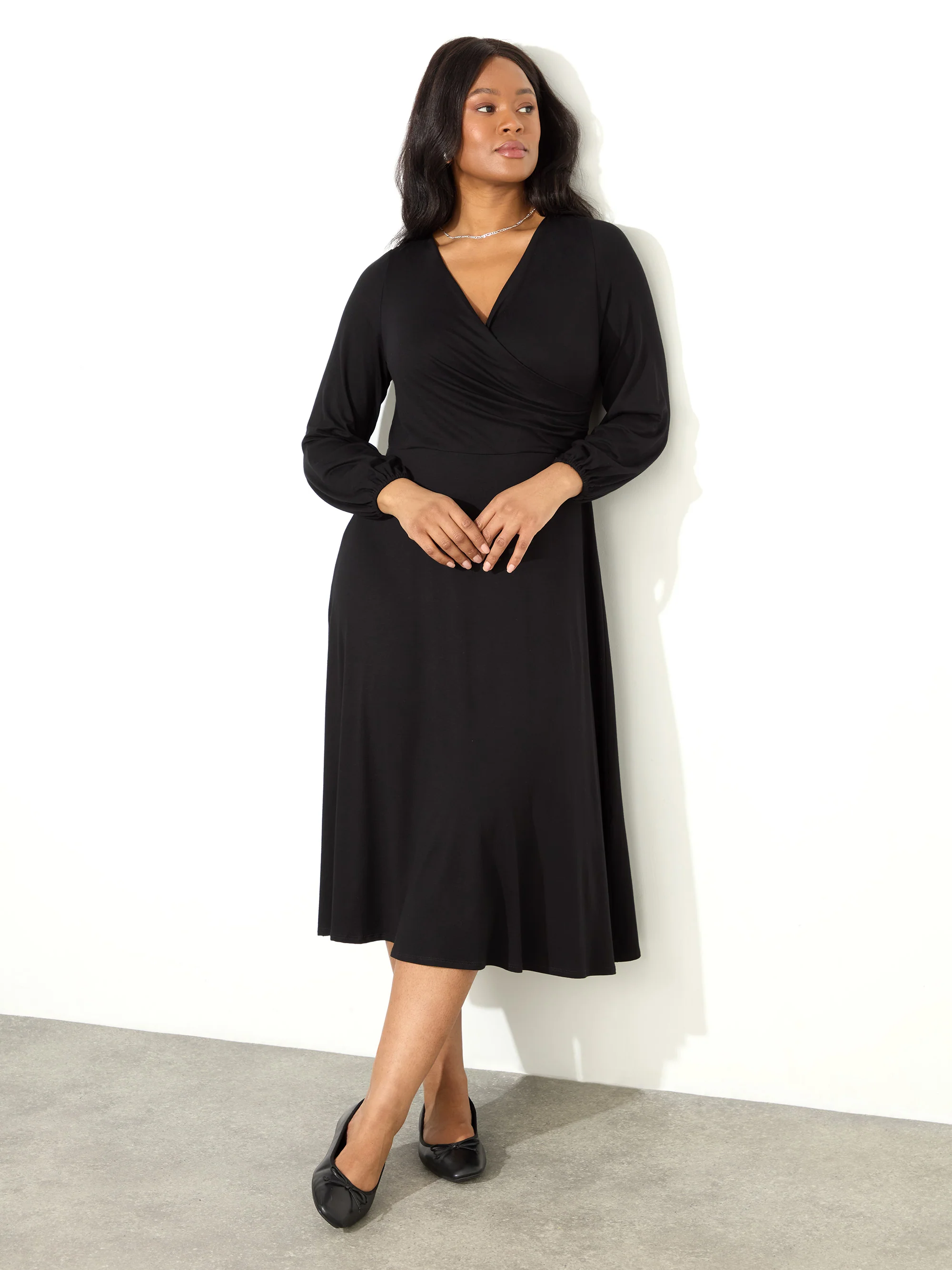 Black Pleated Wrap With Blouson Sleeves Dress - Image 2
