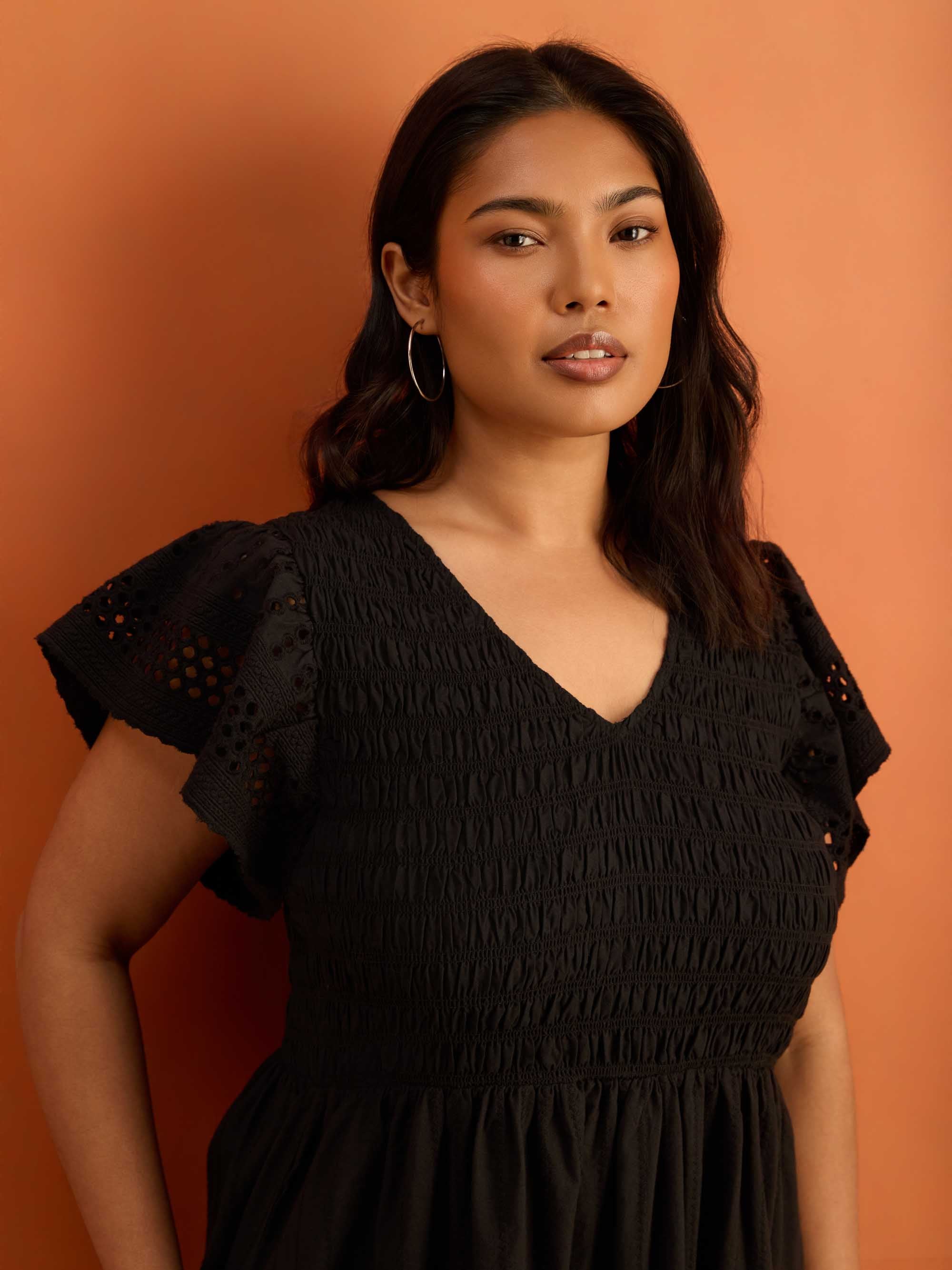 Petite Black Shirred Broderie Midi Dress - Image 2