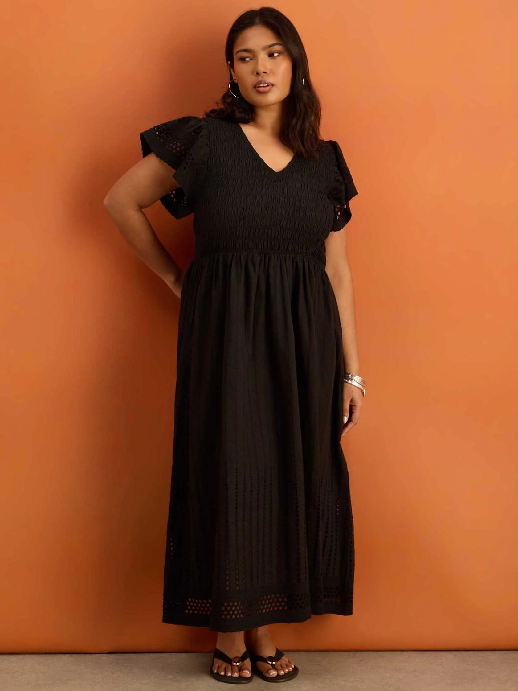 Petite Black Shirred Broderie Midi Dress - Image 3