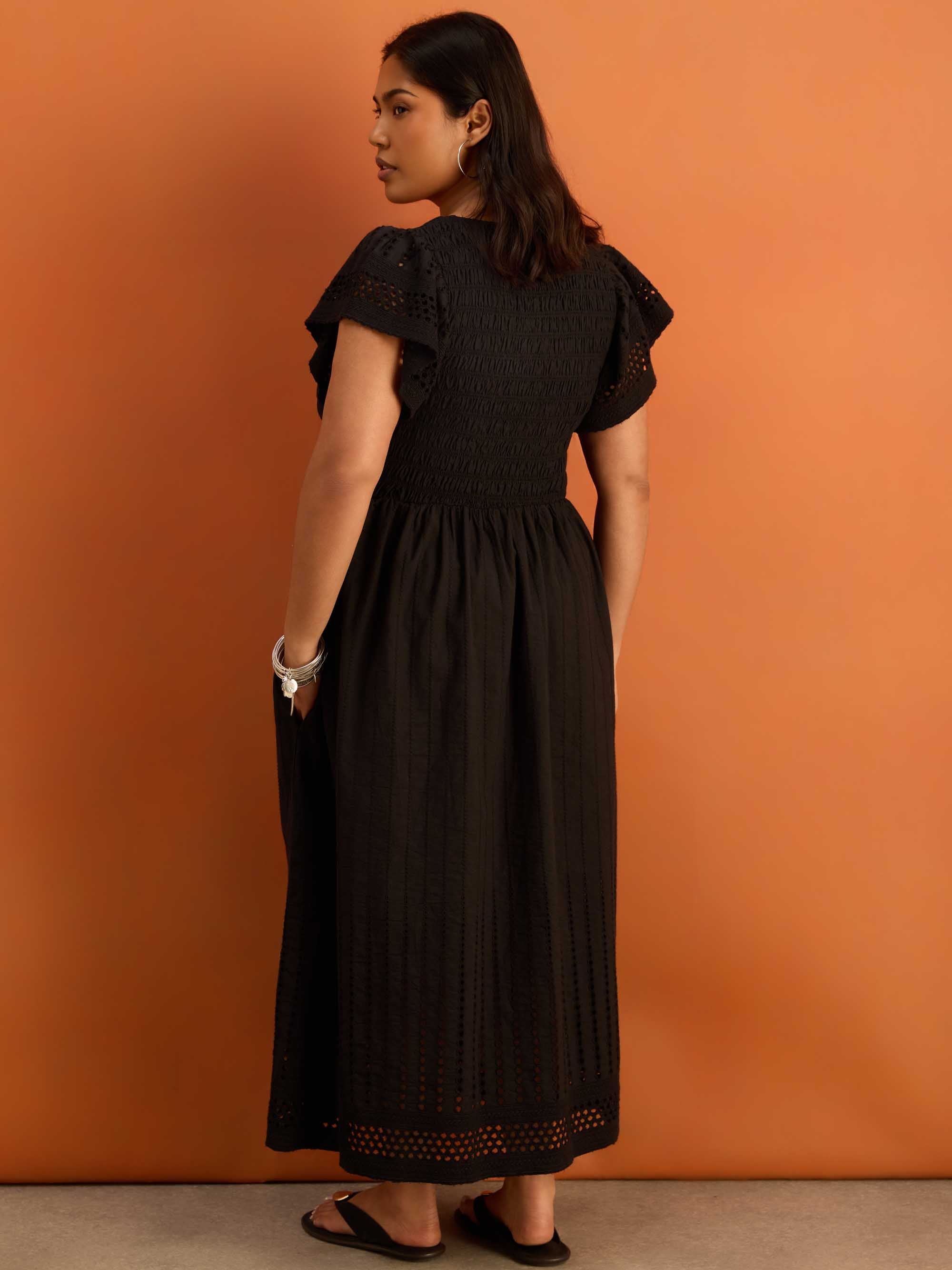 Petite Black Shirred Broderie Midi Dress - Image 5