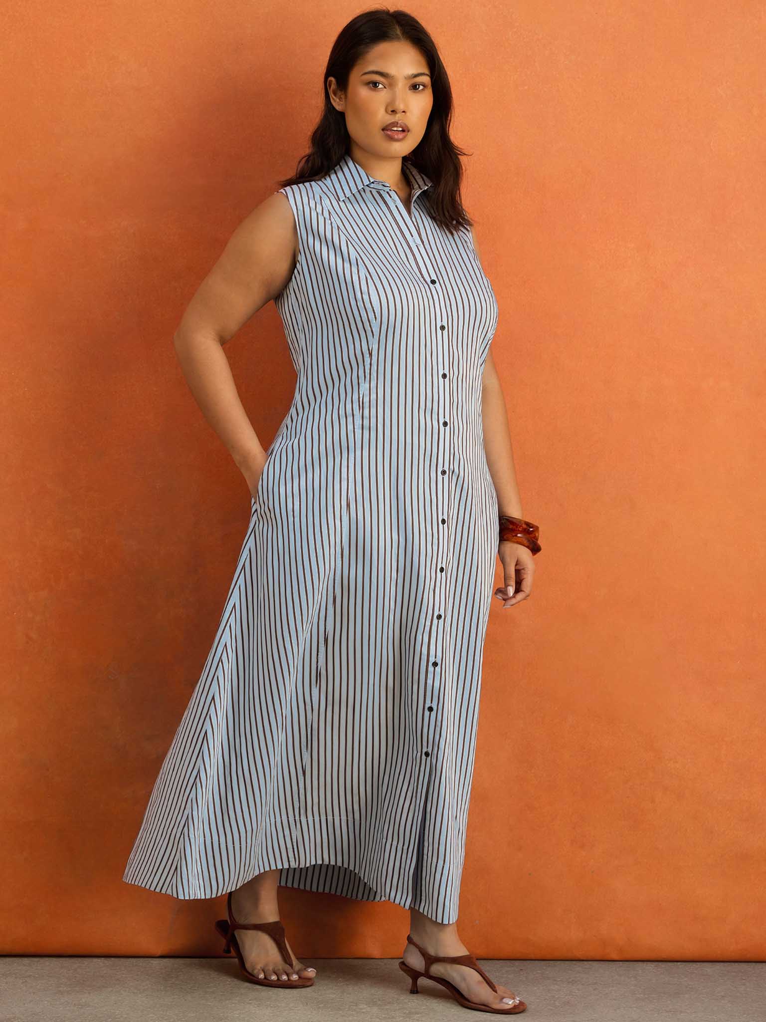 Petite Blue And Chocolate Stripe Maxi Shirt Dress - Image 2