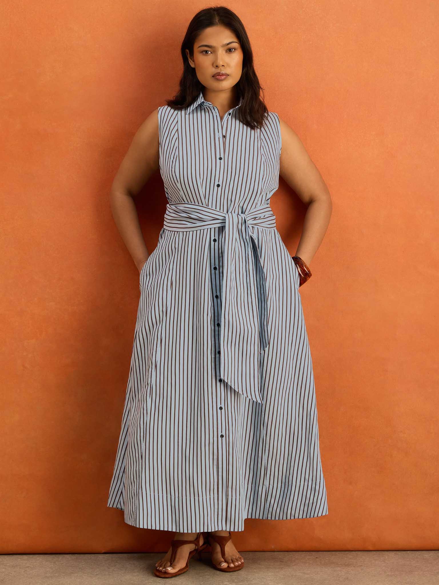 Petite Blue And Chocolate Stripe Maxi Shirt Dress - Image 5