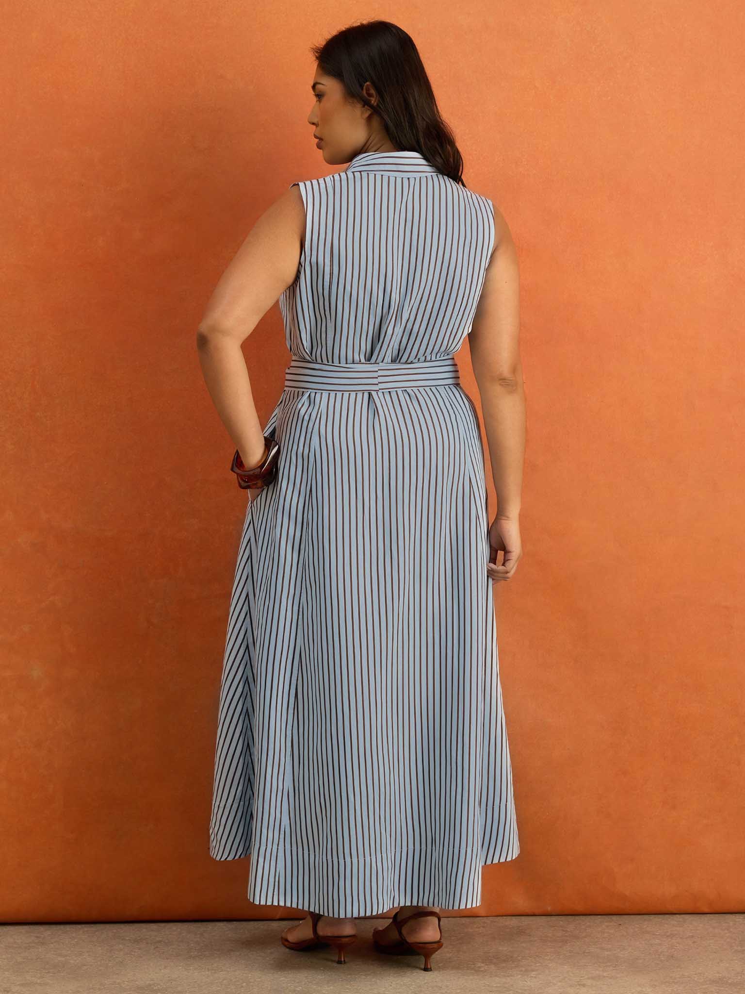 Petite Blue And Chocolate Stripe Maxi Shirt Dress - Image 6