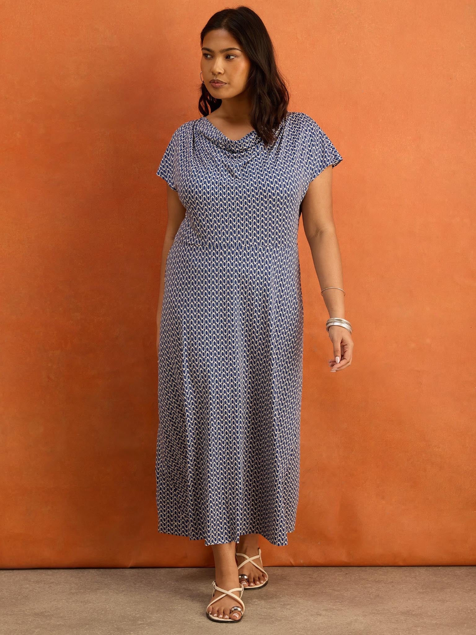 Petite Blue Geo Print Cowl Neck Jersey Midaxi Dress - Image 5