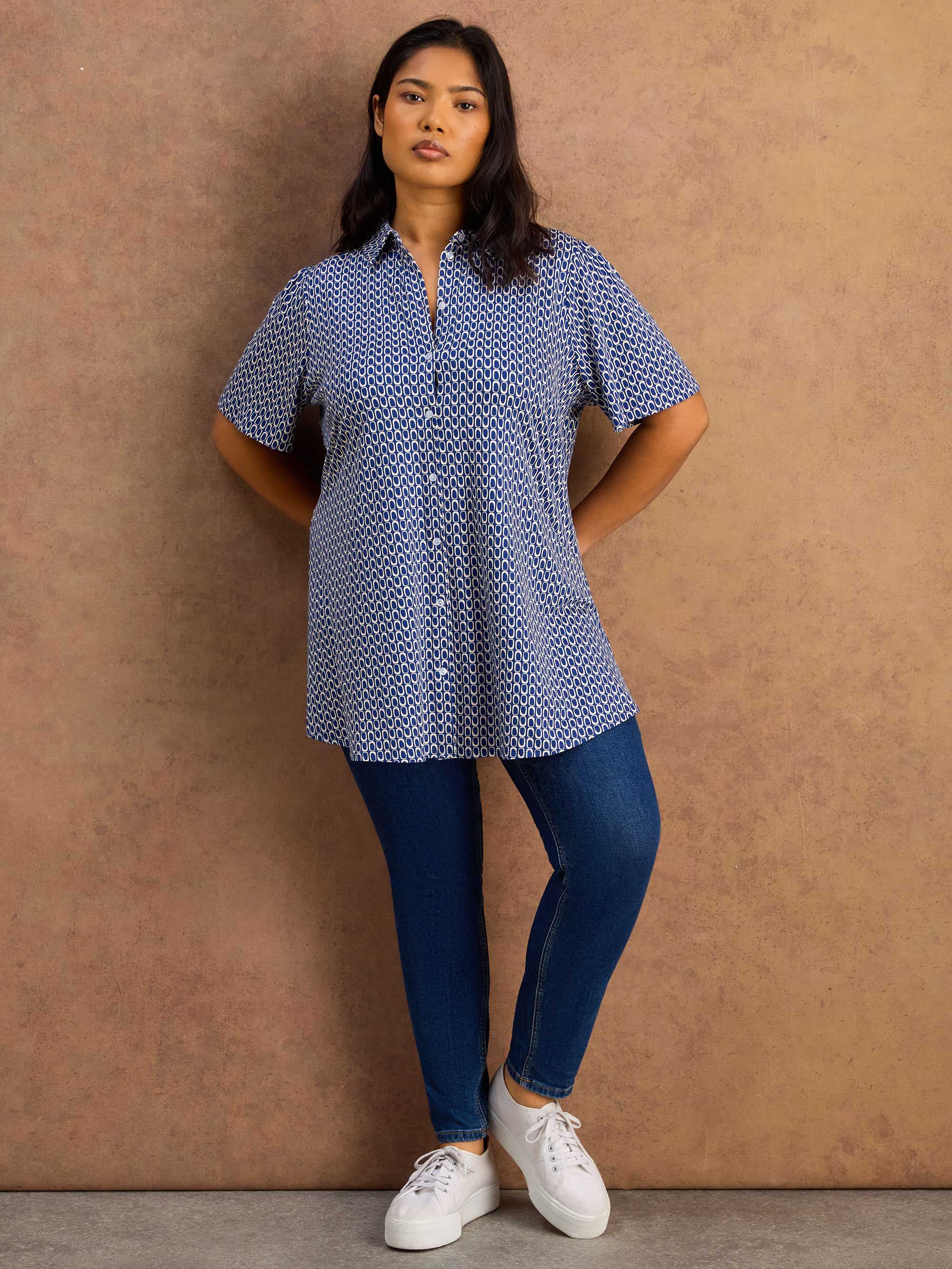 Petite Blue Geo Print Short Sleeve Jersey Shirt - Image 3