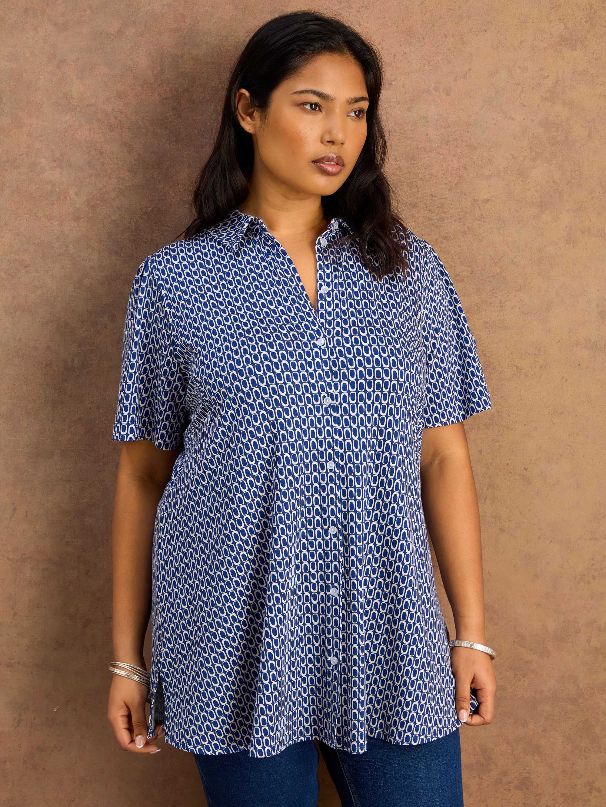 Petite Blue Geo Print Short Sleeve Jersey Shirt - Image 4
