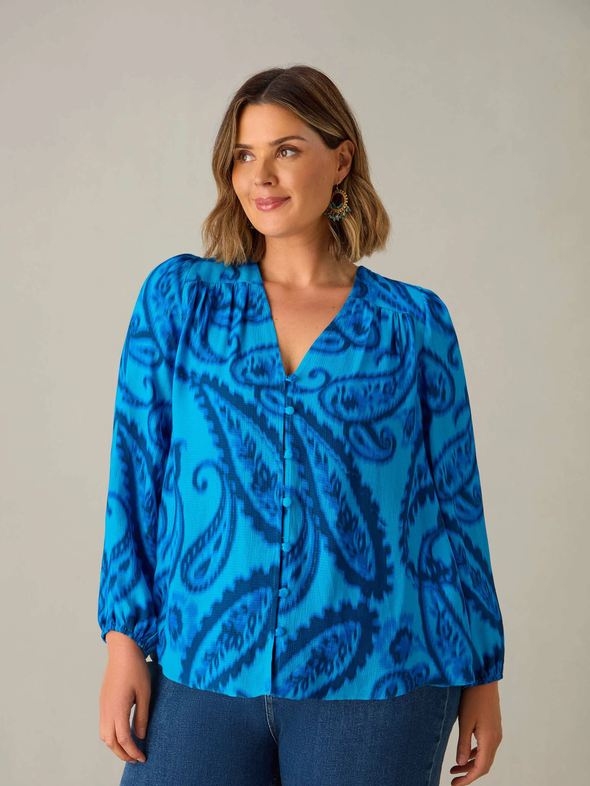 Petite Blue Paisley V-Neck Button Blouse - Image 2