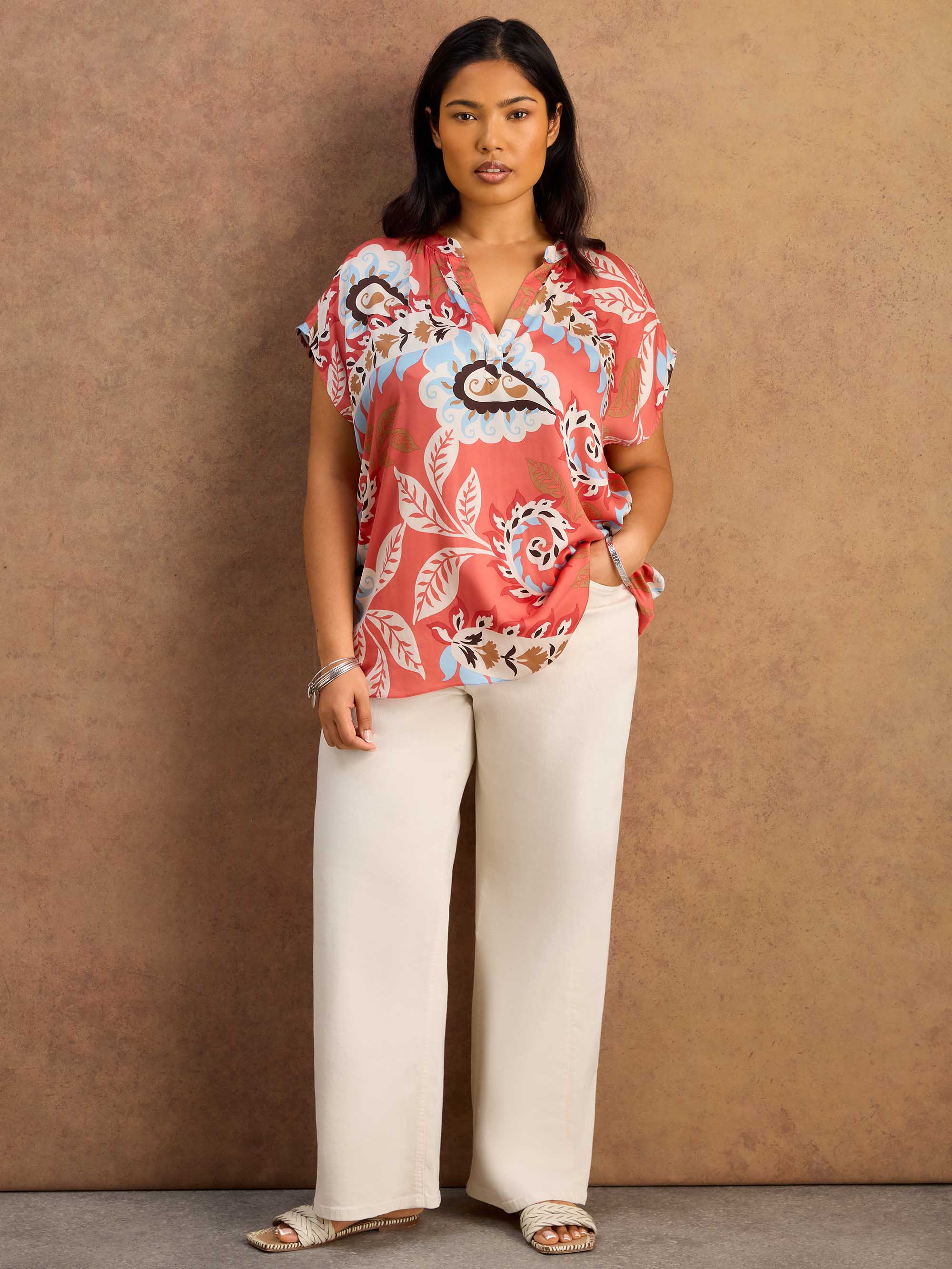 Petite Coral Paisley Print Short Sleeve Top - Image 2