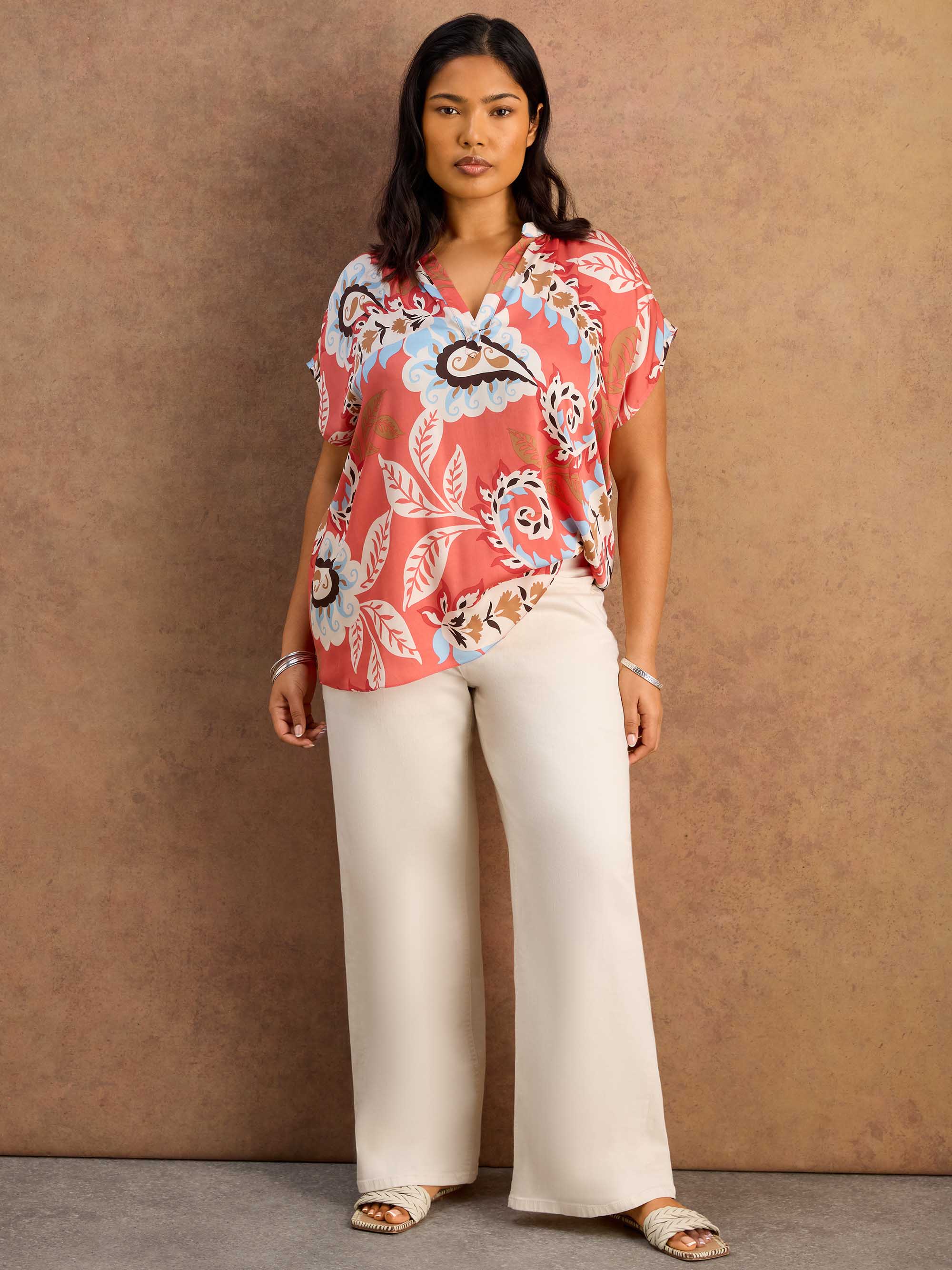 Petite Coral Paisley Print Short Sleeve Top - Image 4