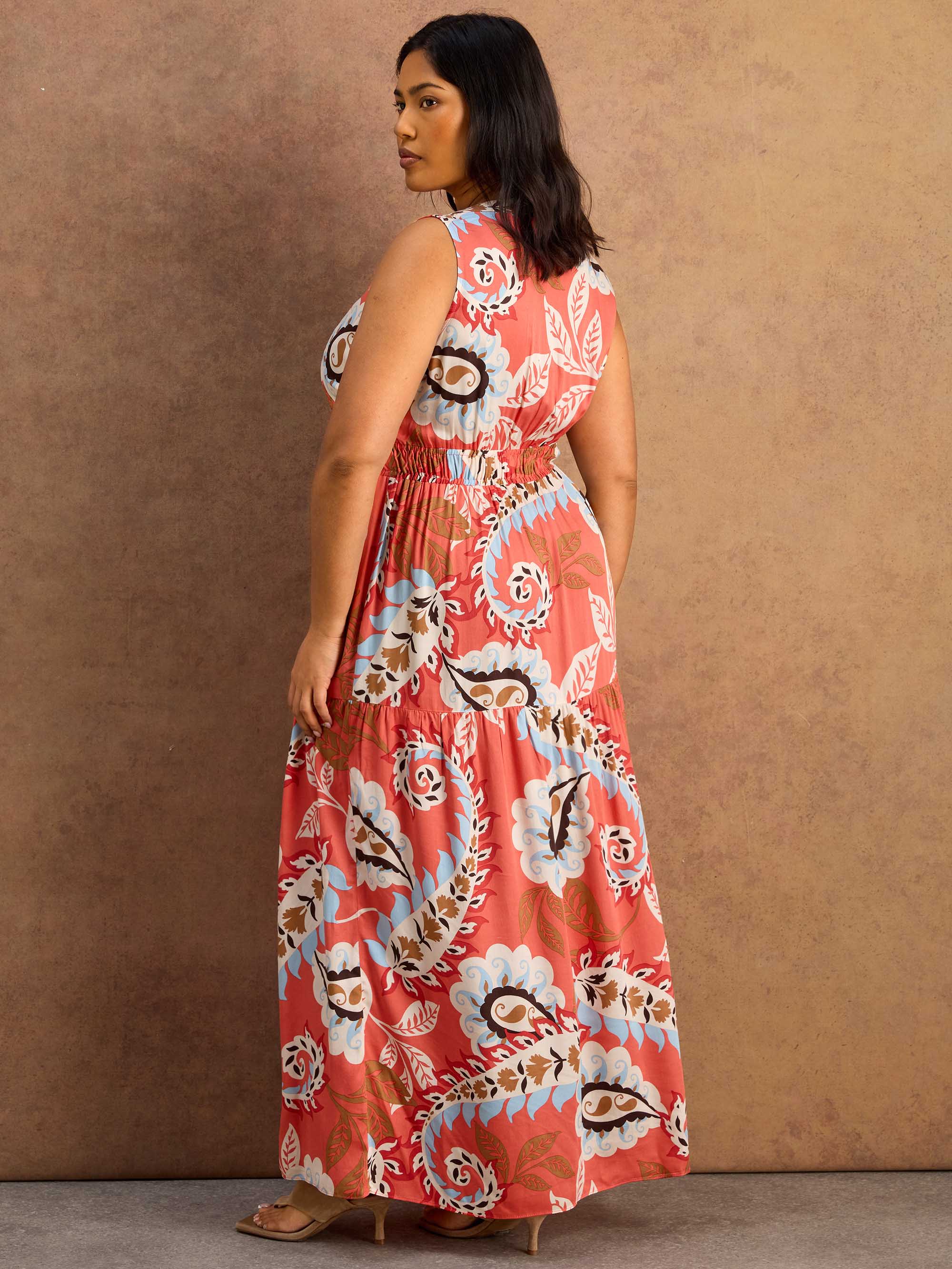 Petite Coral Paisley Print Tiered Maxi Dress - Image 3