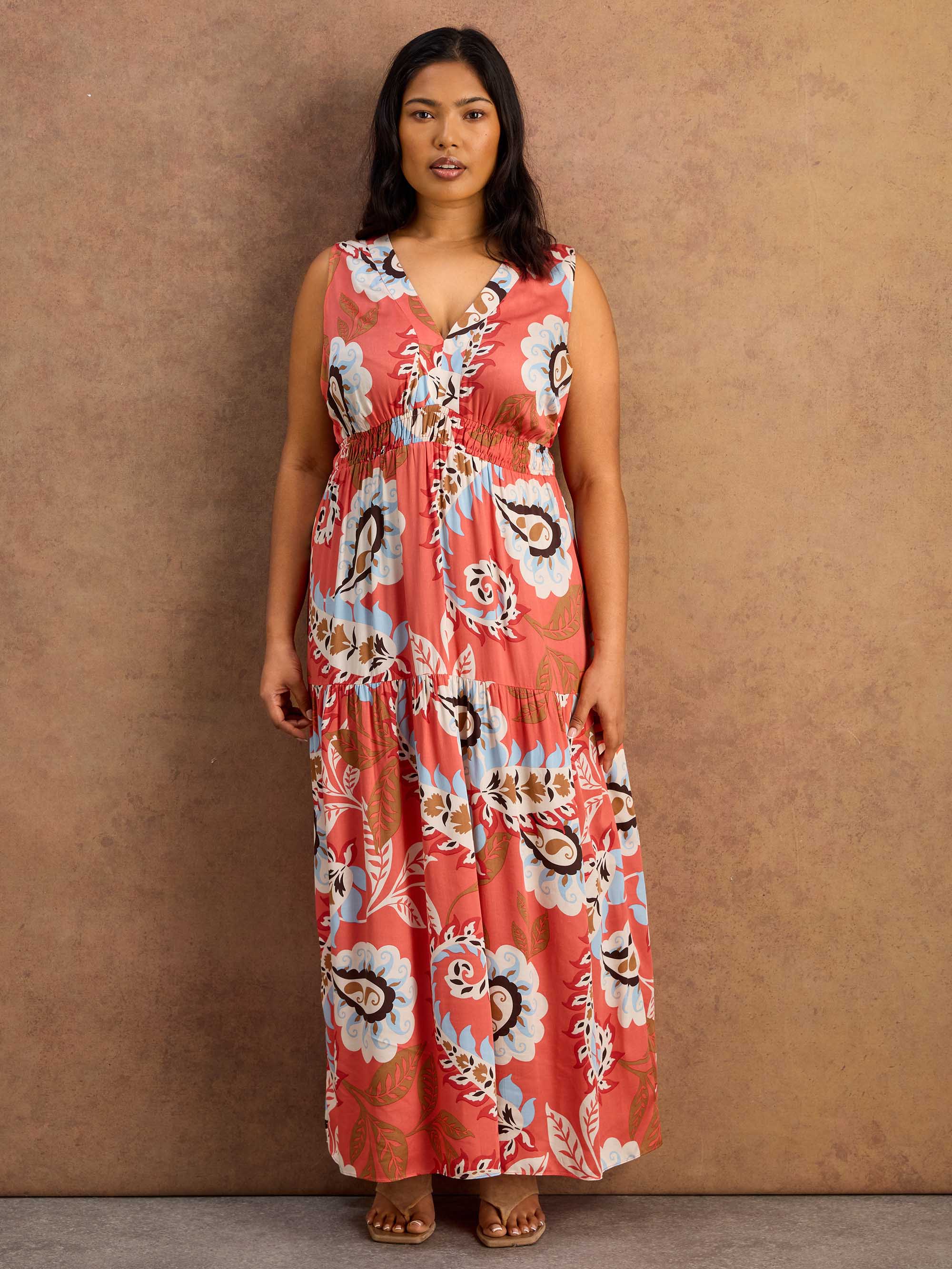 Petite Coral Paisley Print Tiered Maxi Dress - Image 4