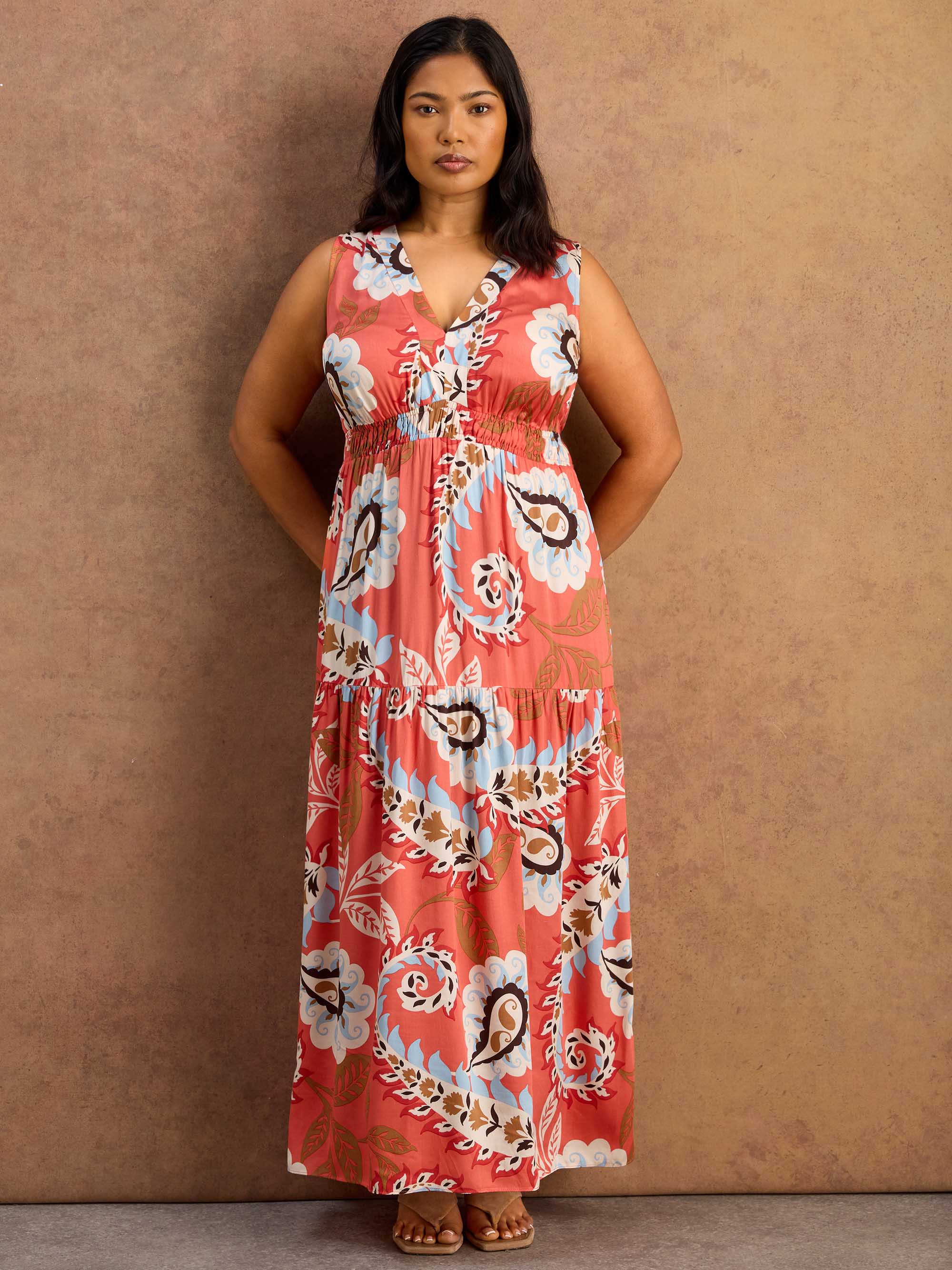 Petite Coral Paisley Print Tiered Maxi Dress - Image 5
