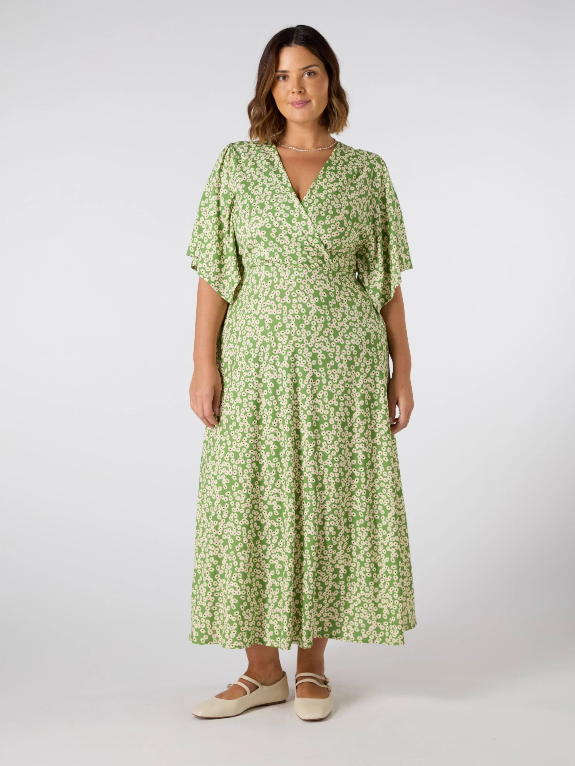 Petite Green Ditsy Jersey Angel Sleeve Wrap Dress - Image 4