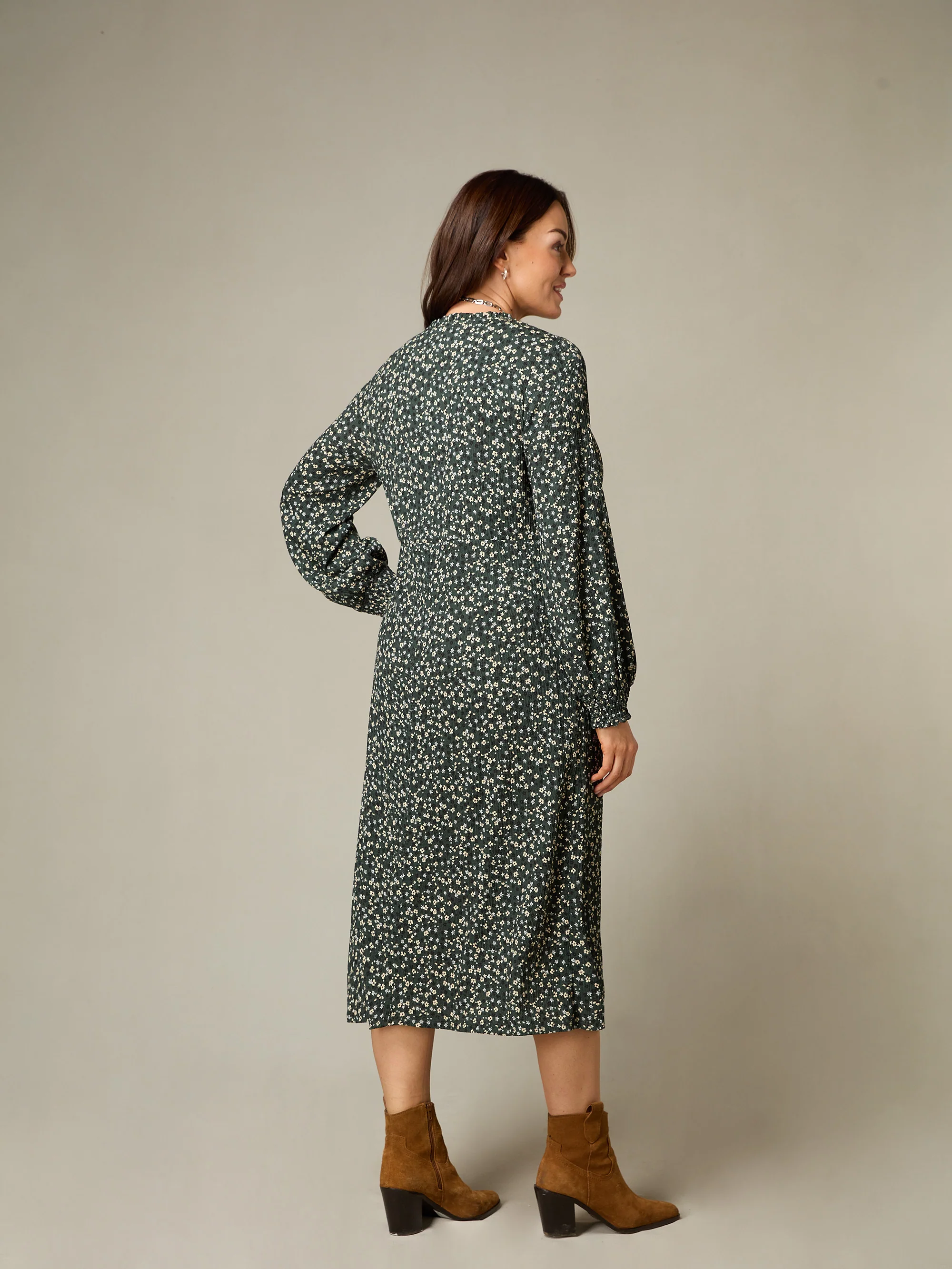 Petite Green Ditsy Jersey Shirred Waist Dress - Image 3