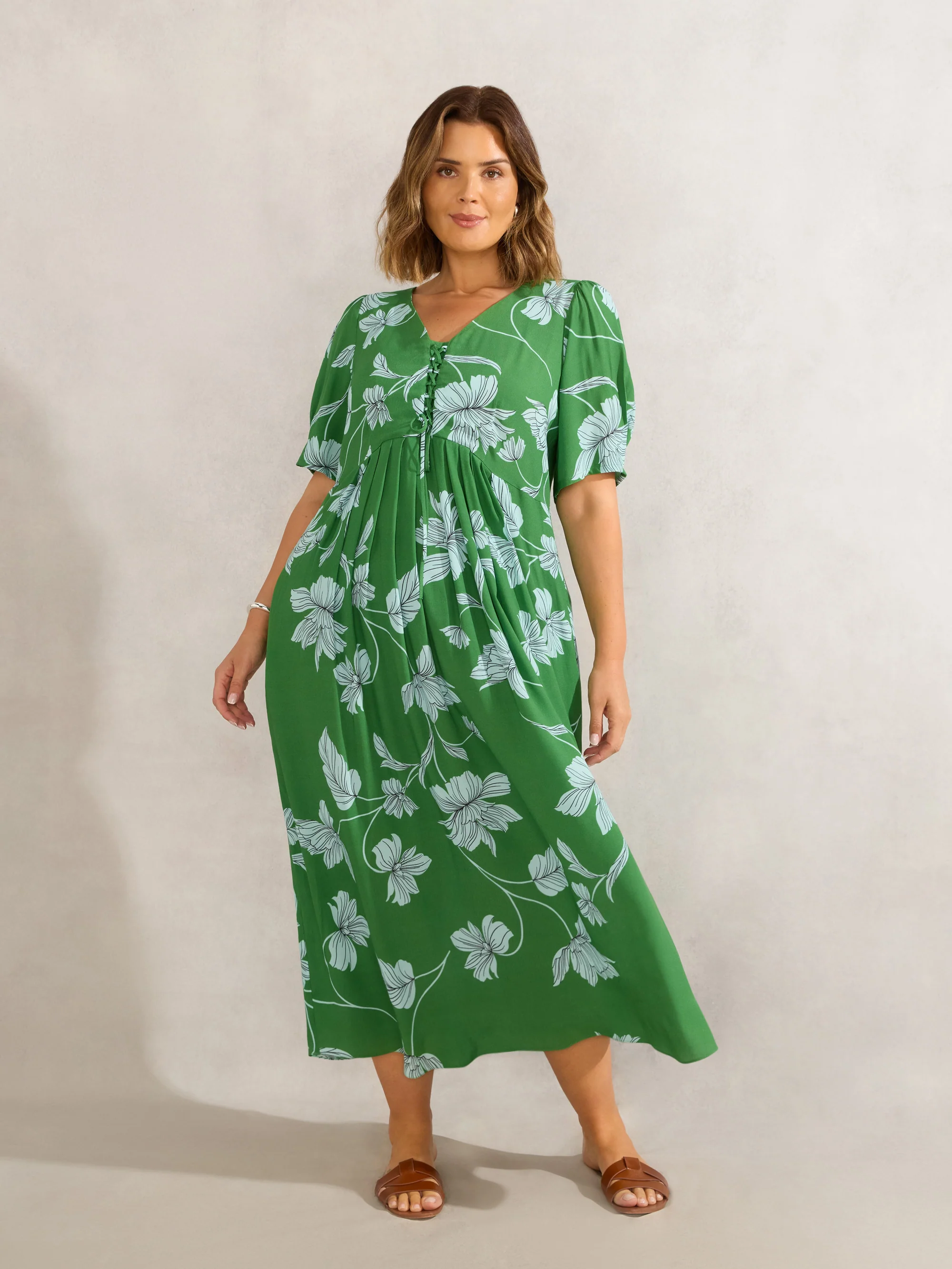 Petite Green Floral Print Short Sleeve Lace Up Dress - Image 5