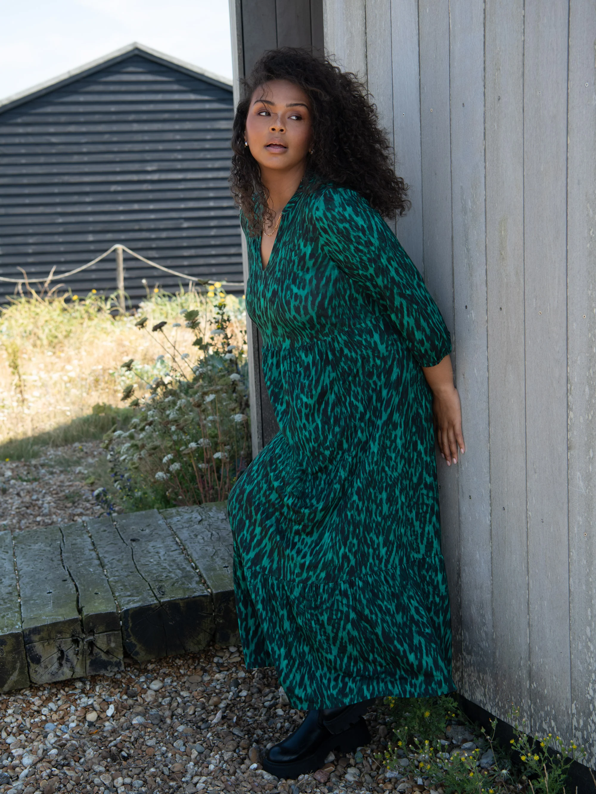 Petite Green Leopard Jersey Nehru Collar Midi Dress - Image 2